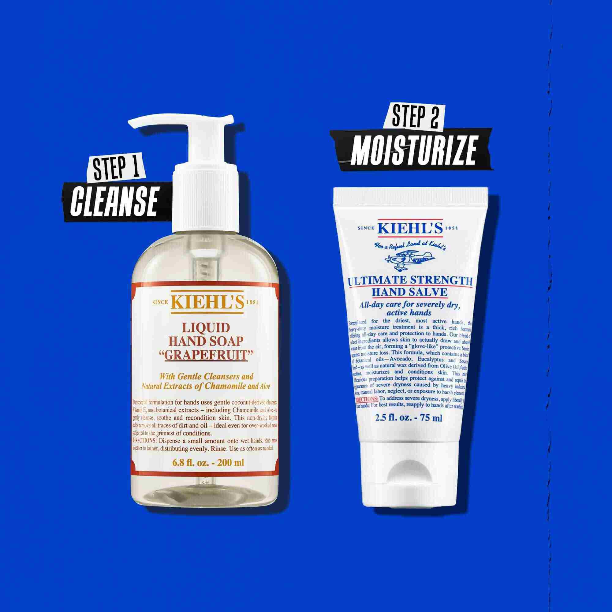 Ilustrație a rutinei cu Kiehl's Ultimate Strength Hand Salve - Curățare, Hidratare