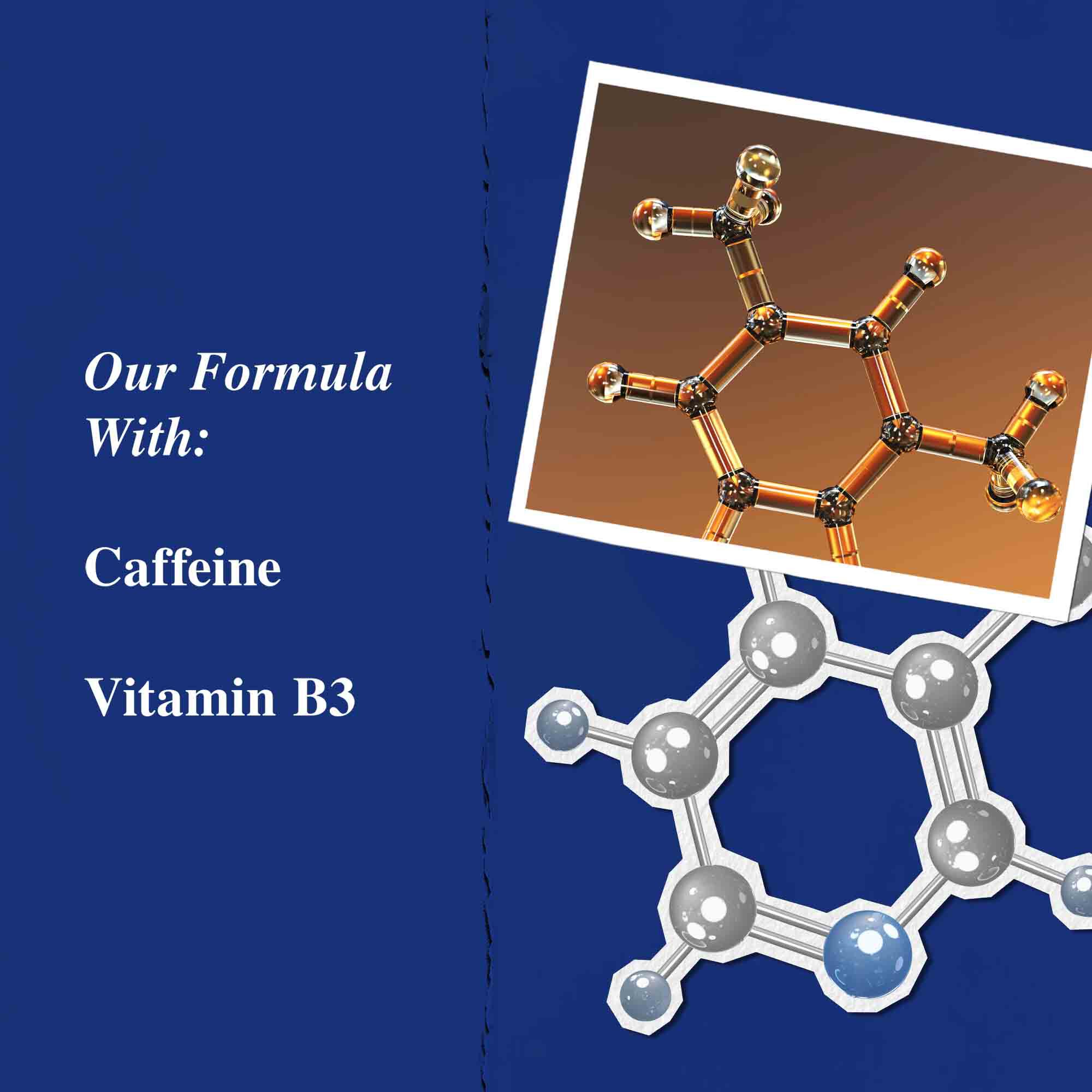 Grafică a ingredientelor cheie: cofeină și vitamina B3.