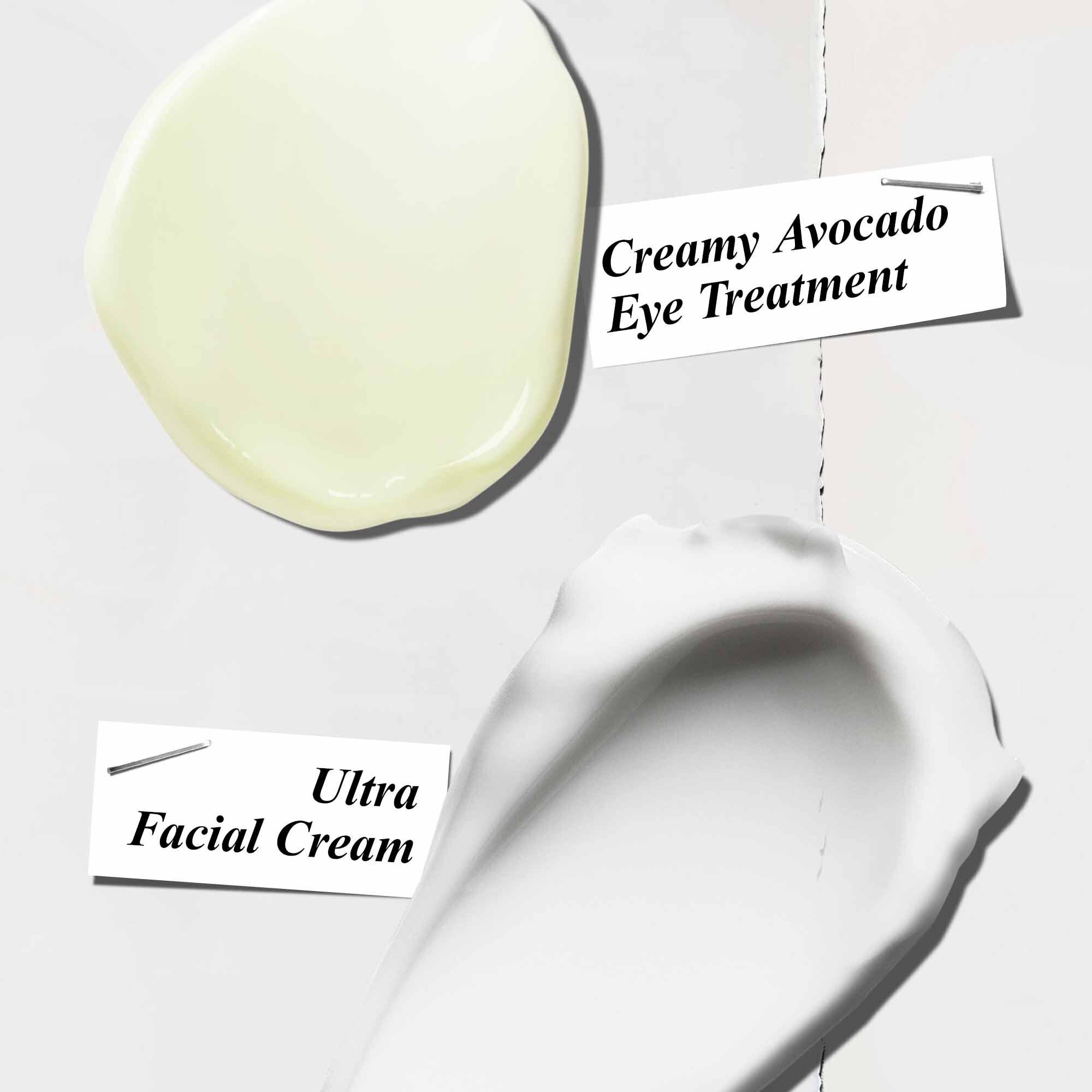 Texturi de produs (swatch-uri) pentru Kiehl’s Creamy Avocado Eye Treatment și Ultra Facial Cream, pe fundal deschis.