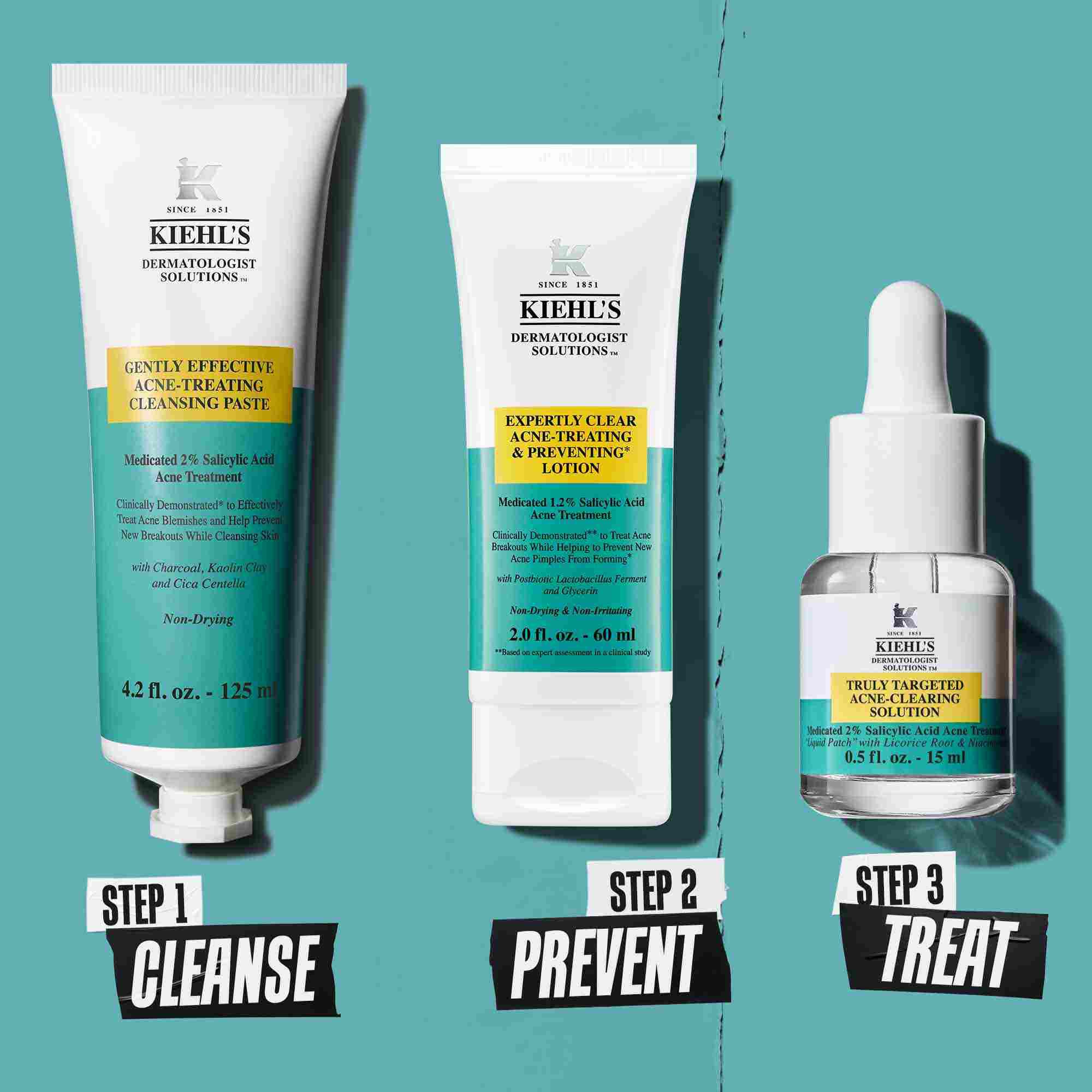 O rutină in trei pași pentru curățarea imperfecțiunilor cu produse Kiehl's. Pasul 1: Pastă de curățare pentru tratarea imperfecțiunilor. Pasul 2: Loțiune pentru tratarea și prevenirea imperfecțiunilor. Pasul 3: Truly-Targeted Blemish-Clearing Solution.