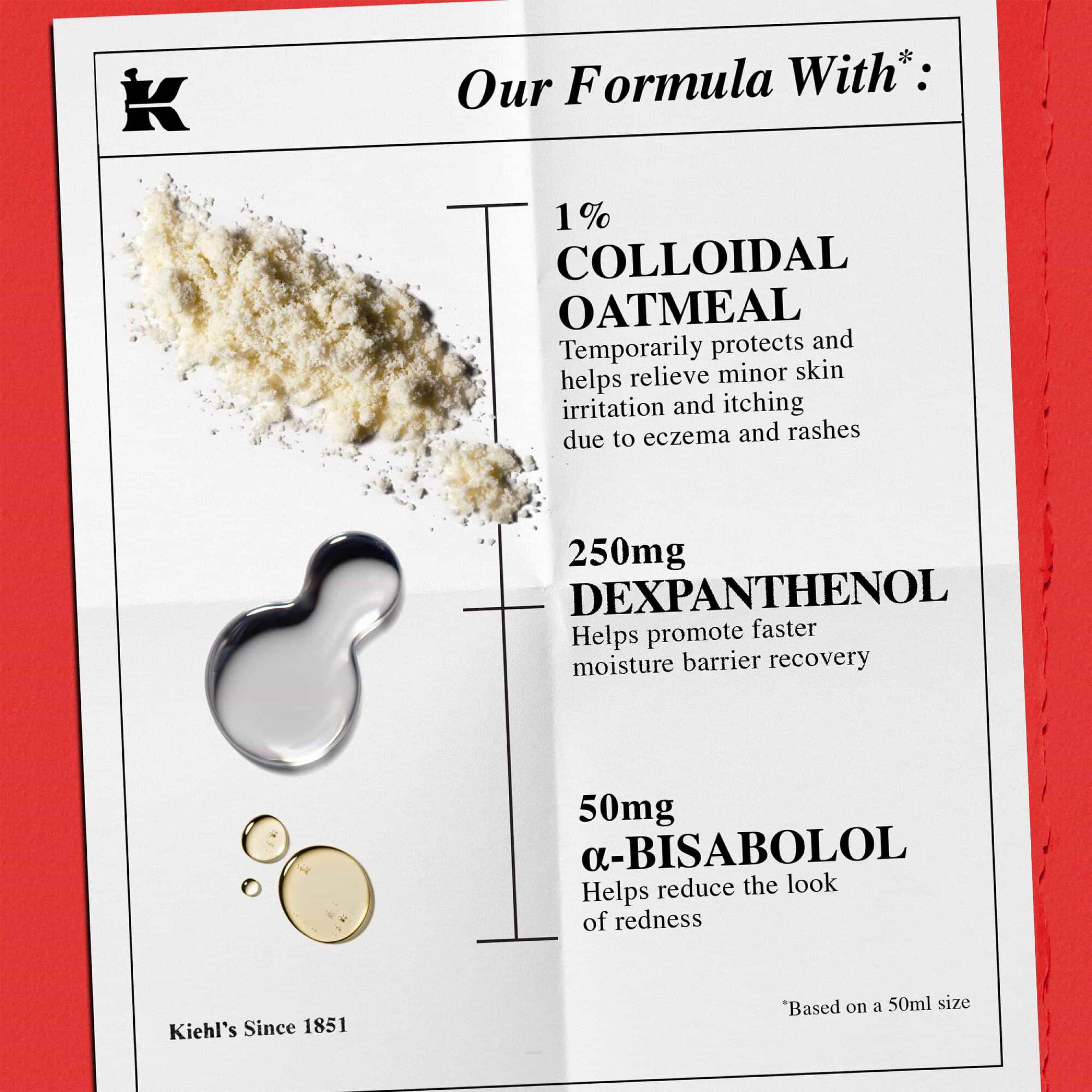 Listă de ingrediente: 1% ovăz coloidal (ameliorează iritațiile minore), 250 mg dexpantenol (repararea barierei) și 50 mg α-bisabolol (reduce roșeața).