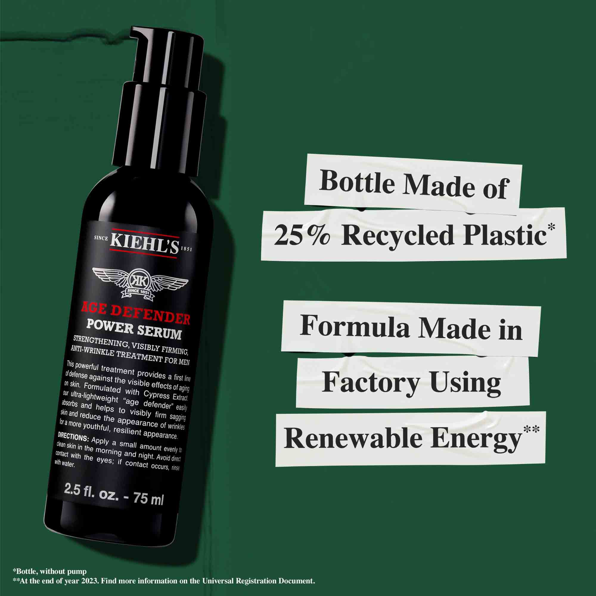 Flacon de ser Age Defender Power fabricat din plastic reciclat in proporție de 25%; formulă produsă intr-o fabrică ce utilizează energie regenerabilă.