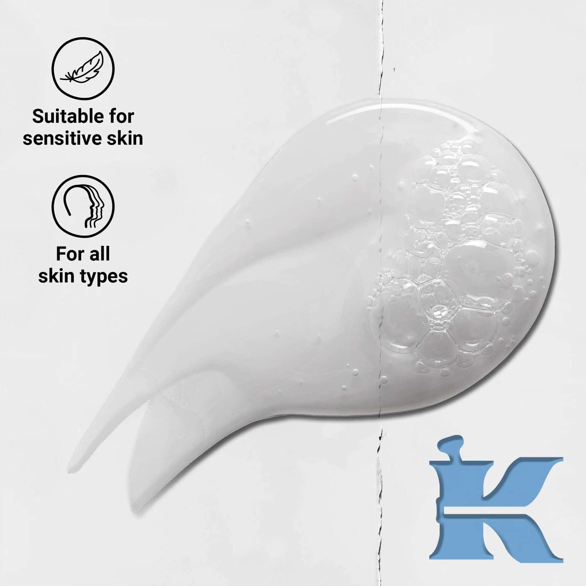 Fotografie cu textura Kiehl's Ultra Facial Cleanser și pictograme: pentru toate tipurile de ten și pielea sensibilă