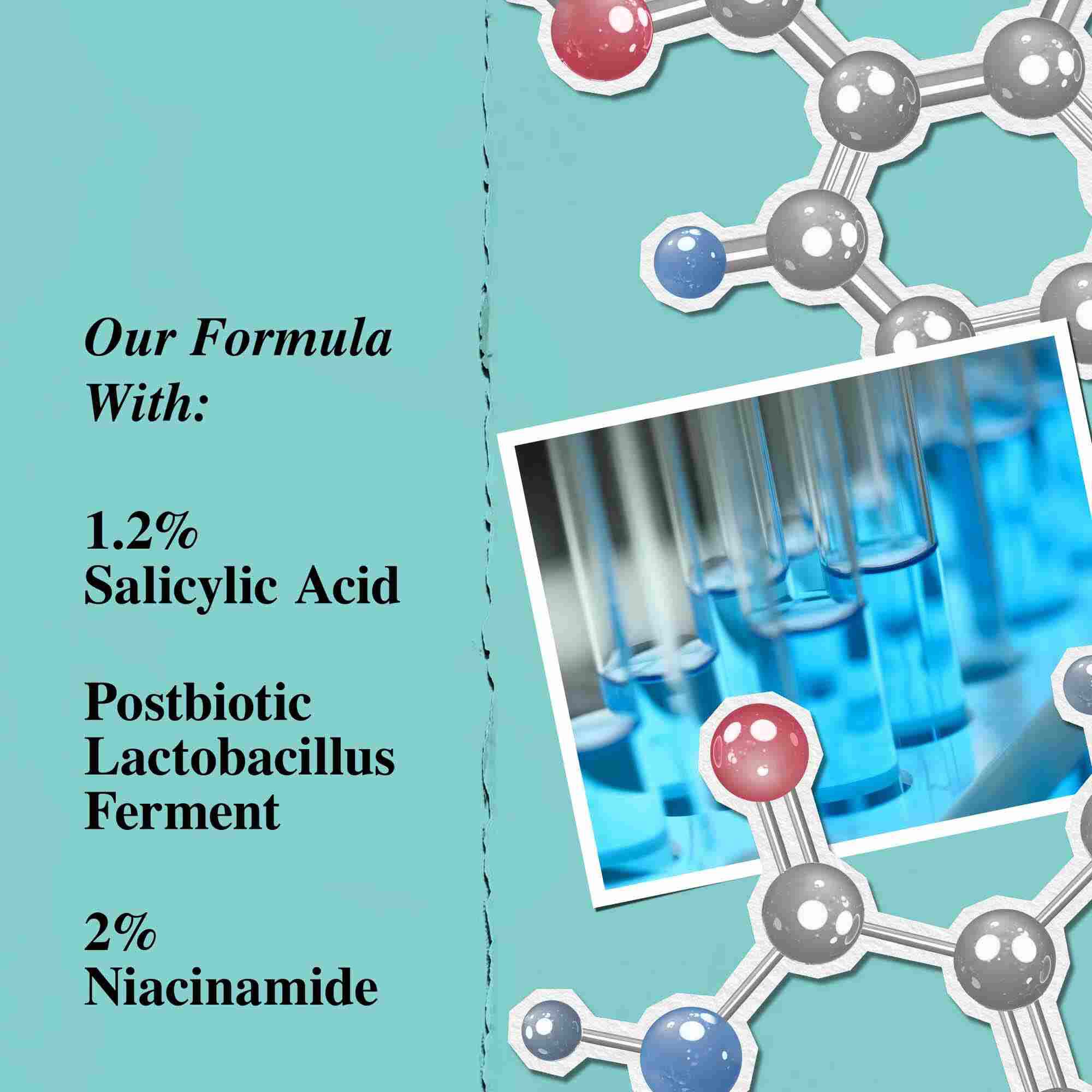 O grafică ce evidențiază ingredientele cheie ale Expertly Clear Blemish-Treating & Preventing Lotion, inclusiv acid salicilic, ferment postbiotic Lactobacillus și niacinamidă.