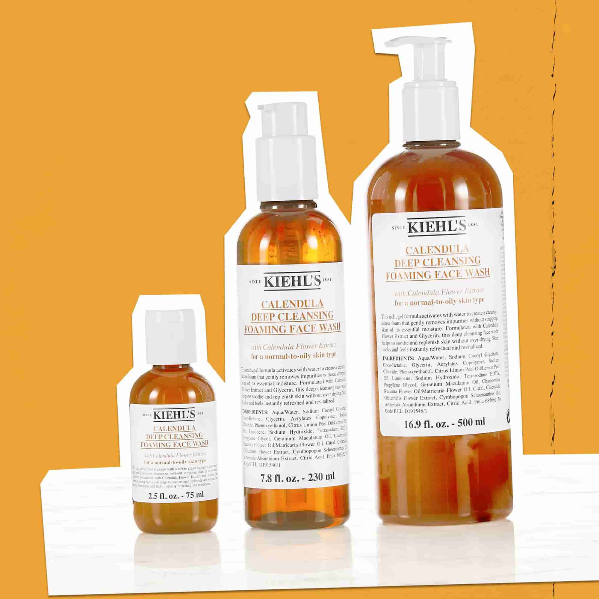 Trei flacoane de Calendula Foaming Face Wash in dimensiuni de la 75 ml pană la 500 ml