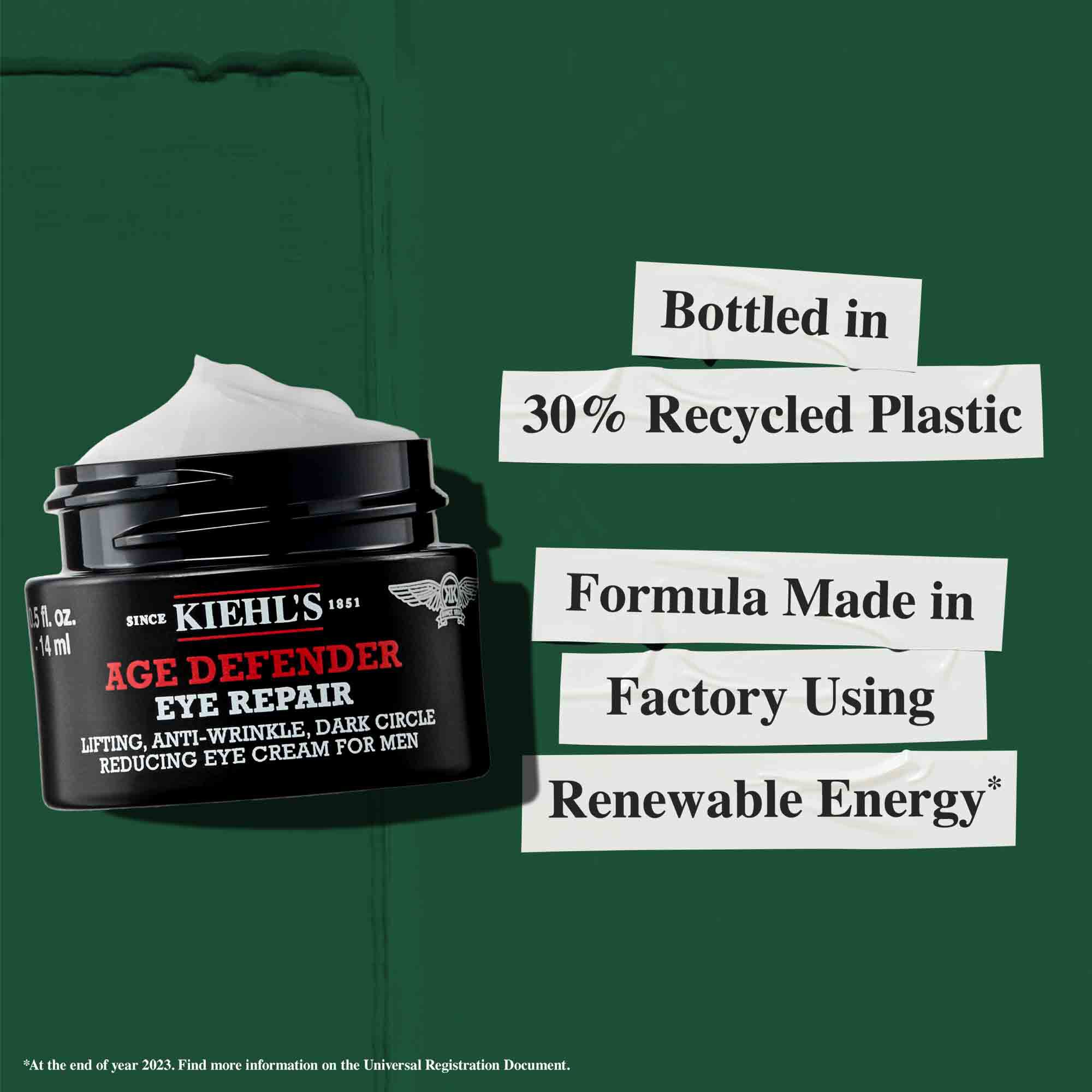 Borcan Age Defender Eye Repair fabricat din plastic reciclat in proporție de 30%; formulă produsă intr-o fabrică ce utilizează energie regenerabilă.