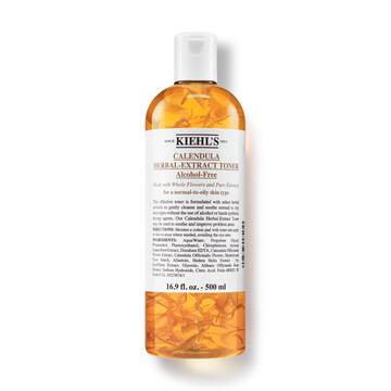 O sticlă de 250 ml de toner Kiehl's Calendula Herbal-Extract cu un lichid clar și nuanță aurie.