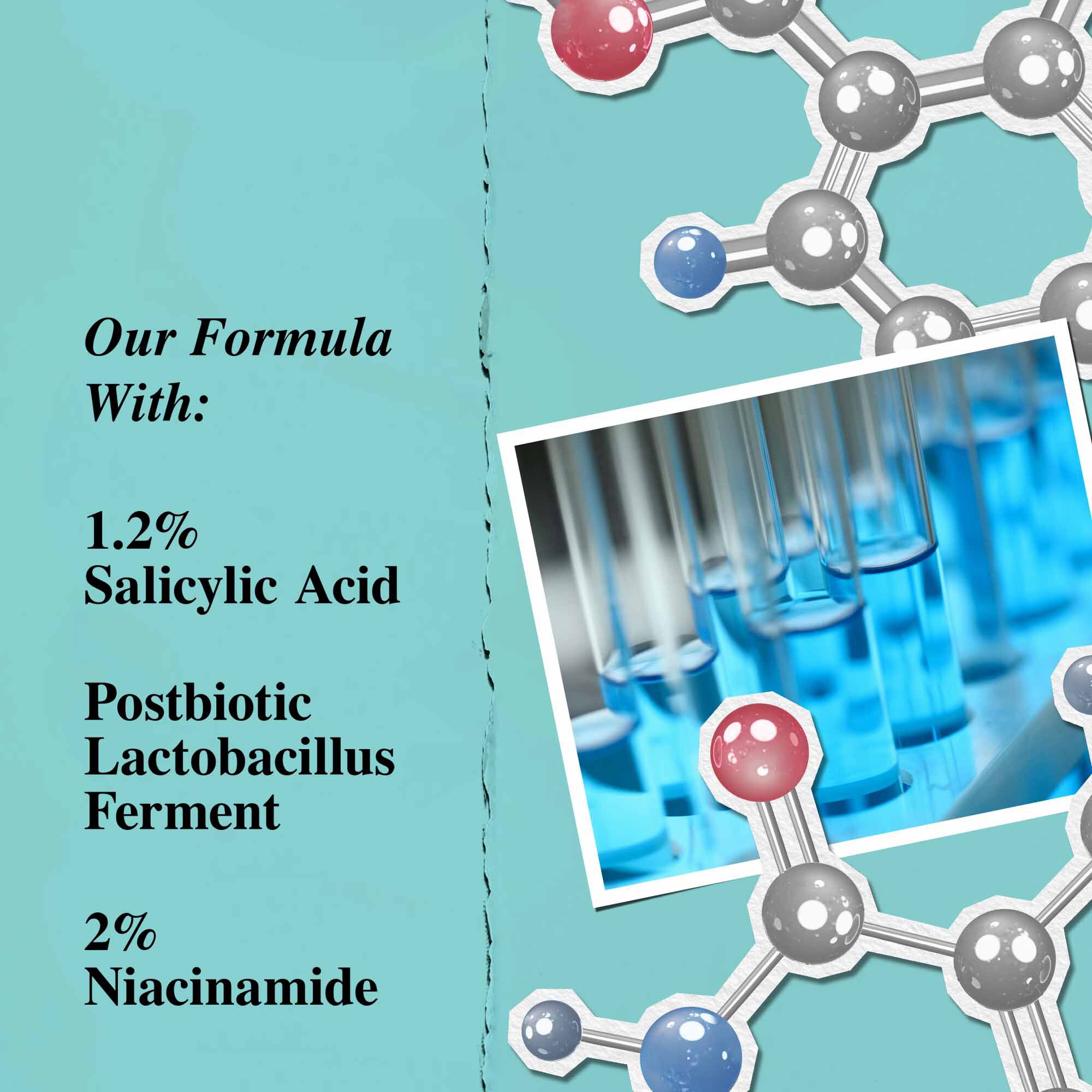 O grafică ce evidențiază ingredientele cheie ale Expertly Clear Blemish-Treating & Preventing Lotion, inclusiv acid salicilic, ferment postbiotic Lactobacillus și niacinamidă.