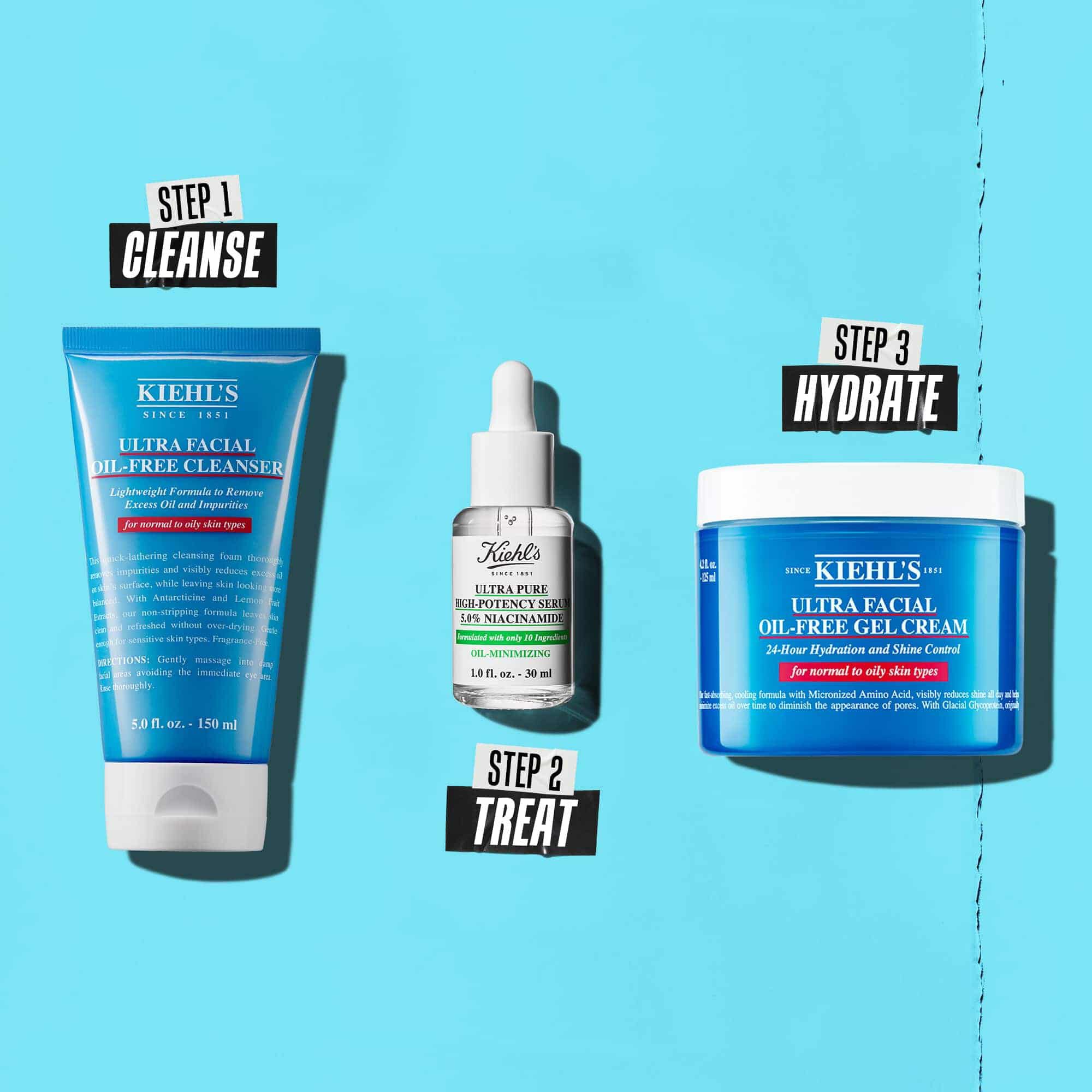 O rutină in trei pași cu produse Kiehl's. Pasul 1: Ultra Facial Oil-Free Cleanser. Pasul 2: Ser cu Niacinamidă. Pasul 3: Ultra Facial Oil-Free Gel Cream.