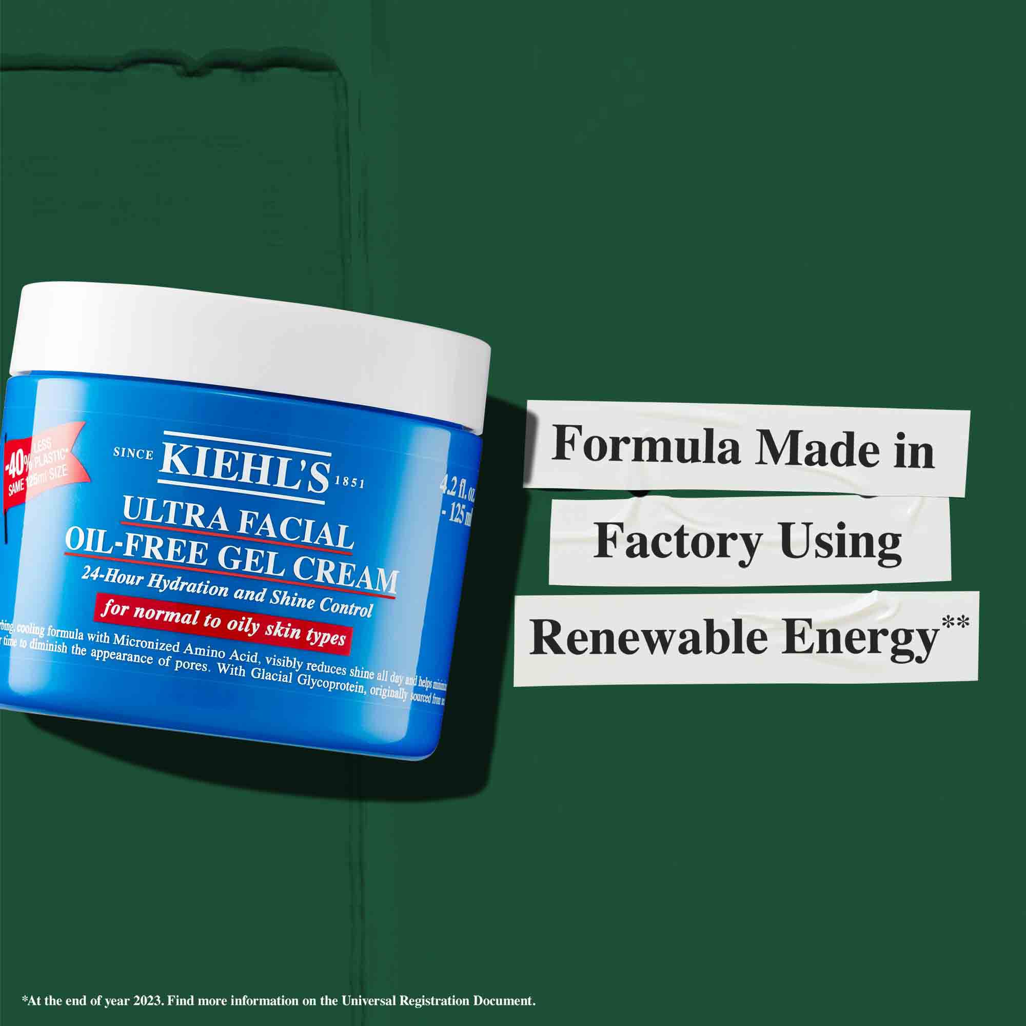 Un borcan de Ultra Facial Oil-Free Gel Cream cu textul „Formulă produsă intr-o fabrică ce utilizează energie regenerabilă.”