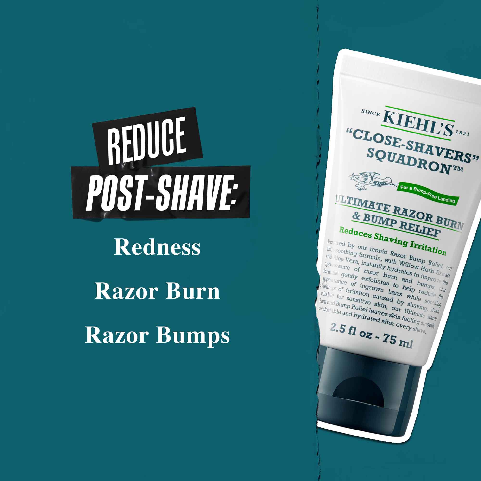 Tub de Close Shavers Squadron Smooth Glider Precision Shave Lotion pe un fundal turcoaz. Textul spune: „Reduce roșeața post-bărbierit, arsurile de la lamă și iritațiile.”