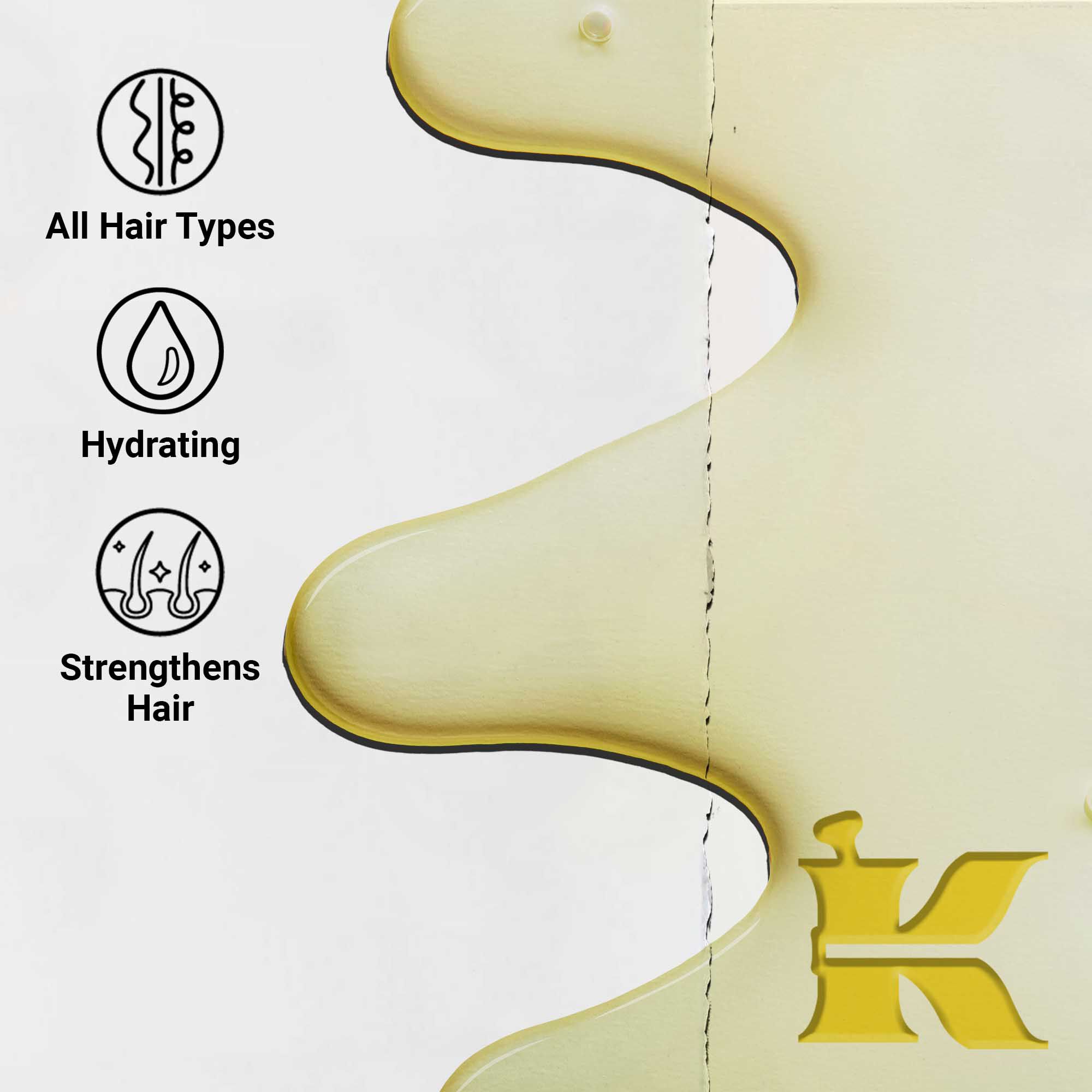 Gros-plan cu textura Magic Elixir Hair Oil. Textul evidențiază faptul că este hidratant, ușor și conceput pentru a imbunătăți textura părului pentru toate tipurile de păr.