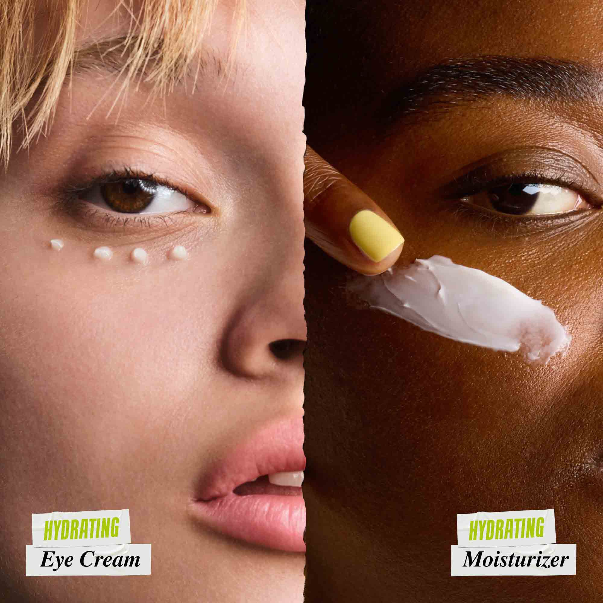 Prim-plan: Creamy Avocado Eye Treatment aplicat in puncte sub ochi și Ultra Facial Cream intinsă pe obraz, pe două modele cu tipologii diferite.