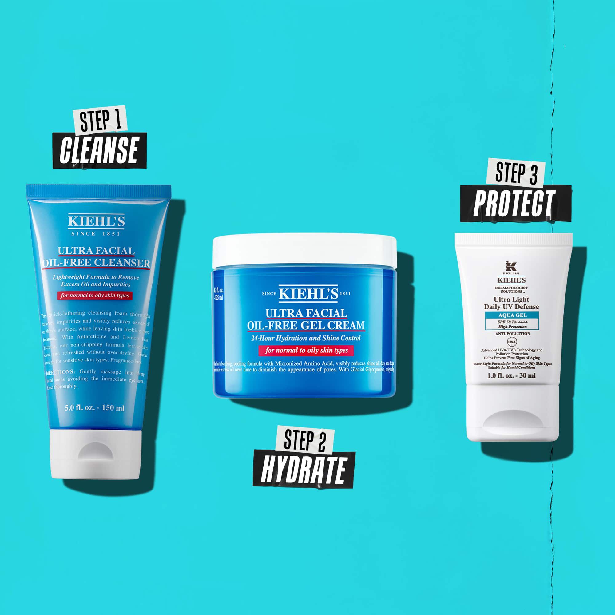 O rutină in trei pași cu produse Kiehl's. Pasul 1: Ultra Facial Oil-Free Cleanser. Pasul 2: Ultra Facial Oil-Free Gel Cream. Pasul 3: Ultra Light Daily UV Defense Aqua Gel.