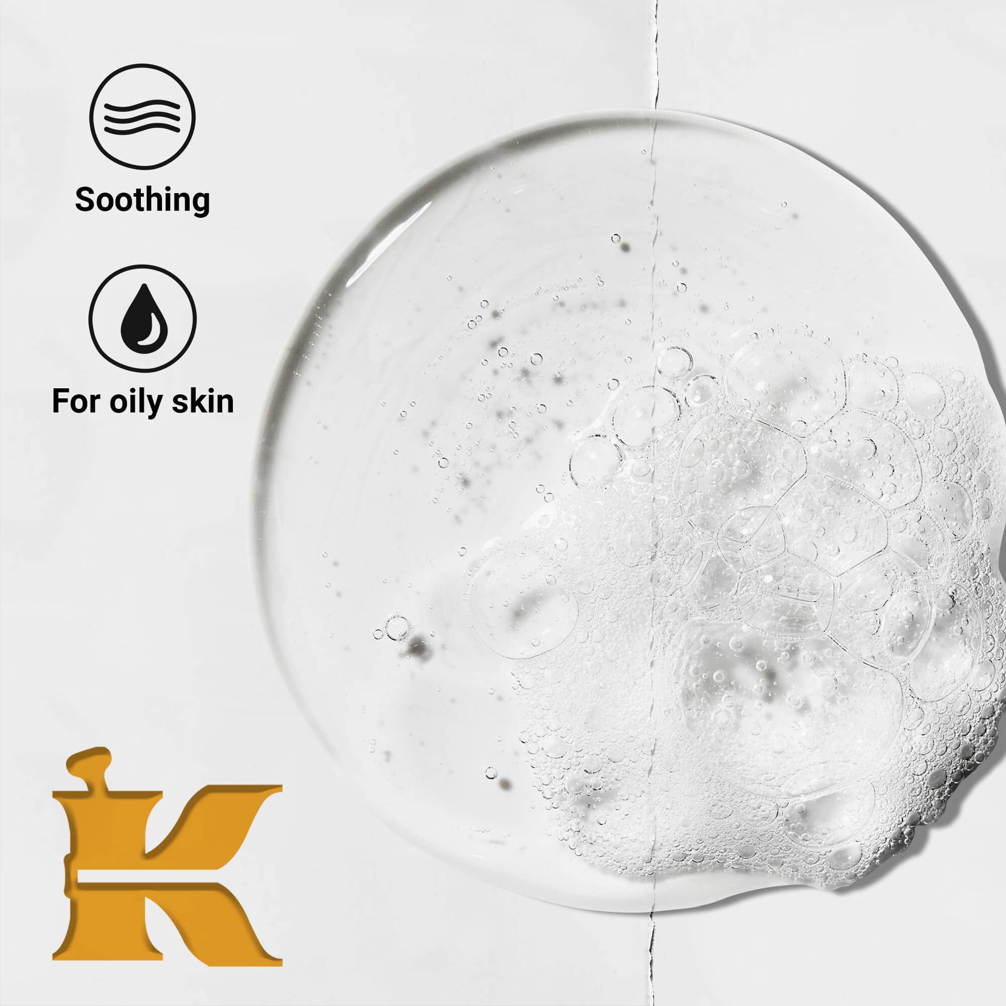 Fotografie cu textura produsului și pictograme care indică faptul că este calmant și formulat pentru tenul gras