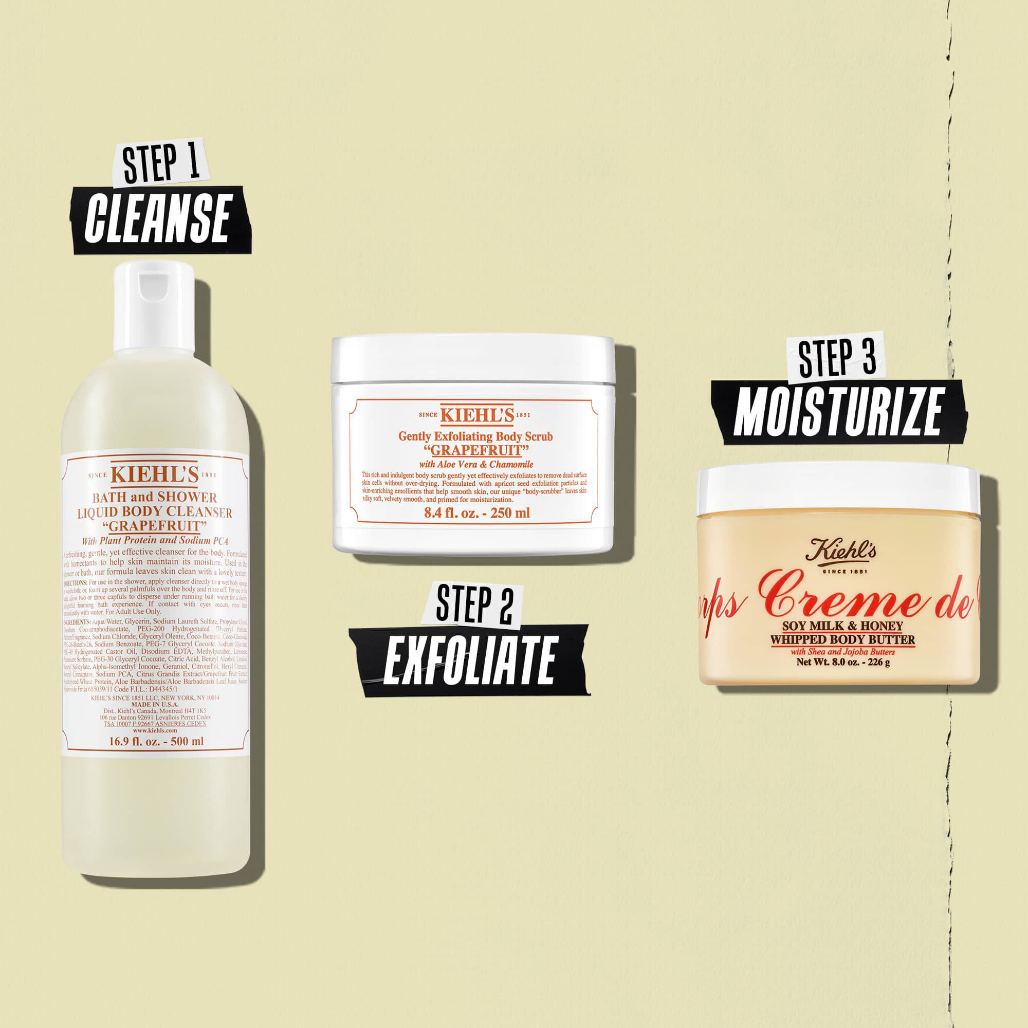 Ilustrație a rutinei cu unt de corp Creme de Corps Whipped Butter - Curățare, Exfoliere, Hidratare