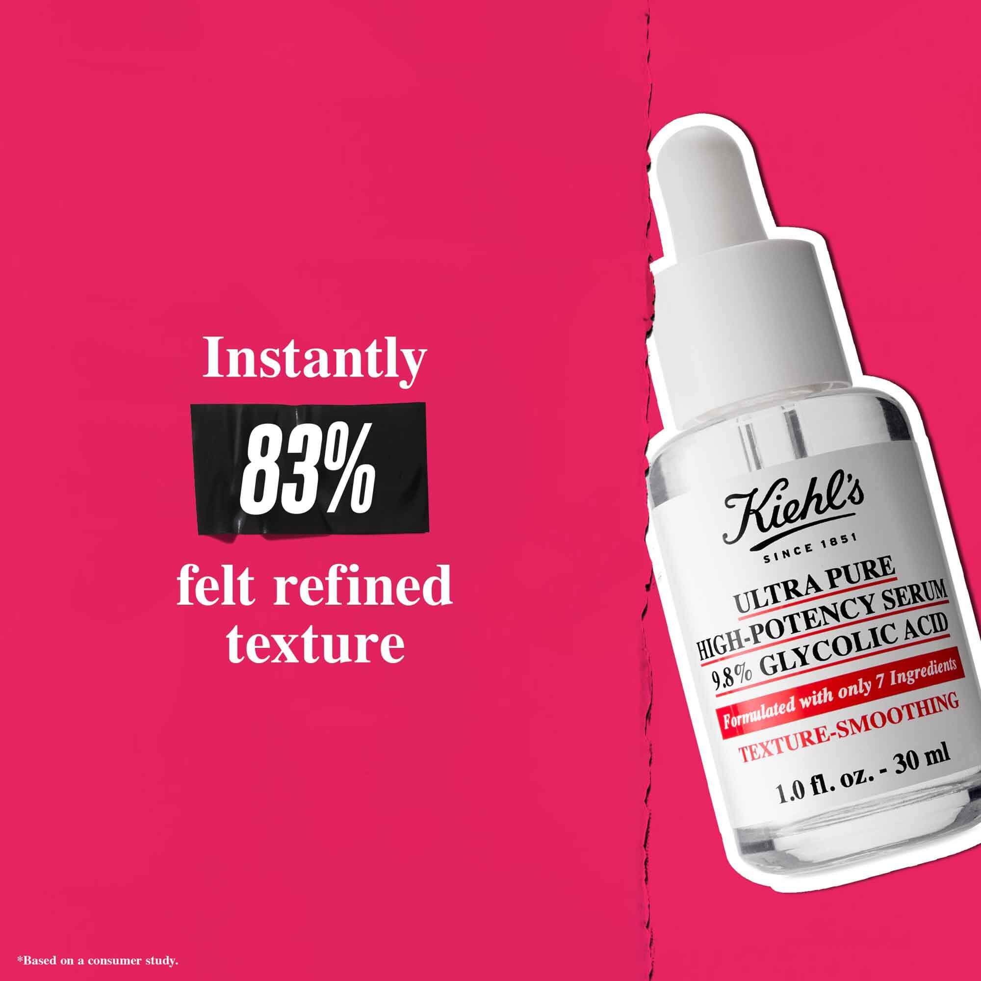 O sticlă de Ultra Pure 9.8% Glycolic Acid Serum pe un fundal roz cu textul: „Instantaneu, 83% au simțit o textură rafinată.”