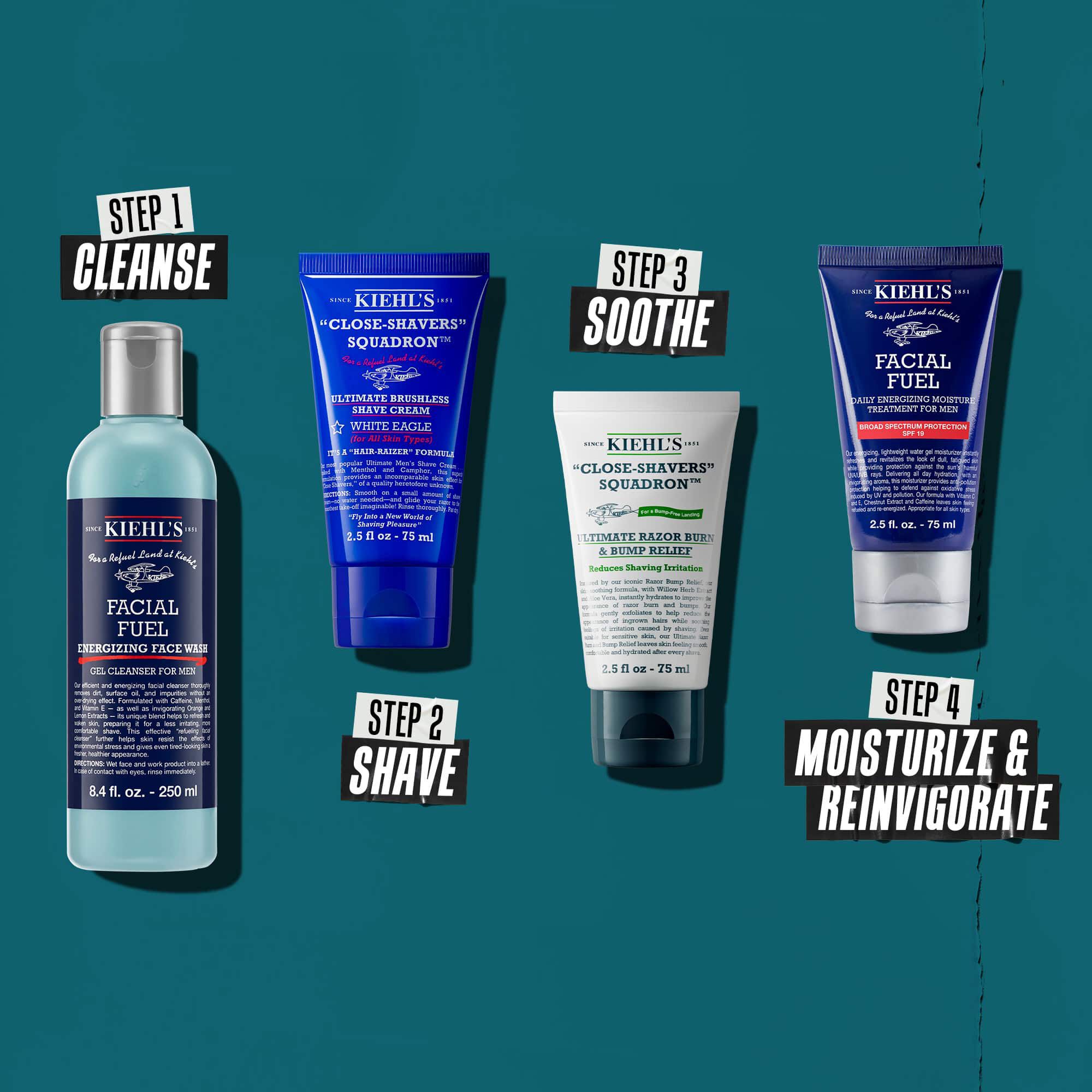 Patru produse Kiehl’s pentru o rutină de ingrijire a pielii pentru bărbați: Curățare, Bărbierit, Calmare și Hidratare/Revigorare