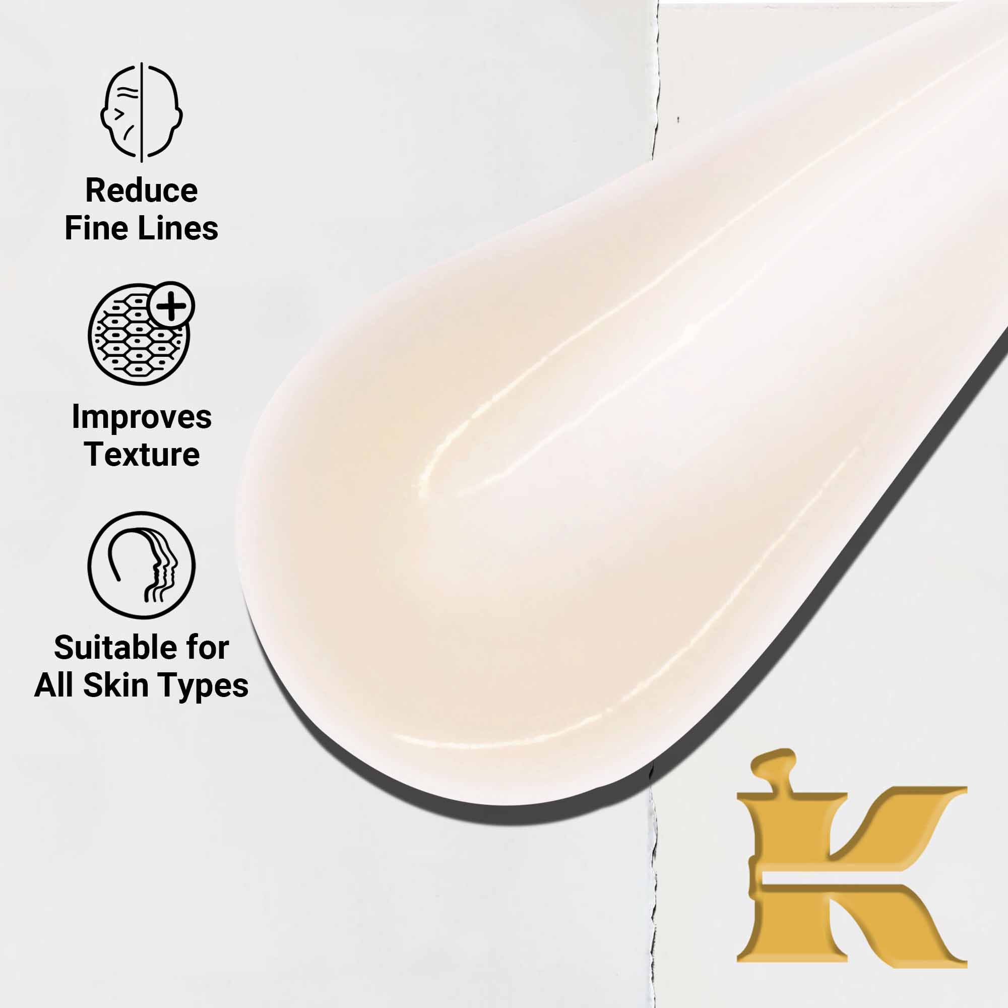 Gros-plan cu textura Powerful-Strength Line-Reducing Concentrate. Textul evidențiază capacitatea sa de a reduce liniile fine, de a imbunătăți textura și potrivirea pentru toate tipurile de ten.