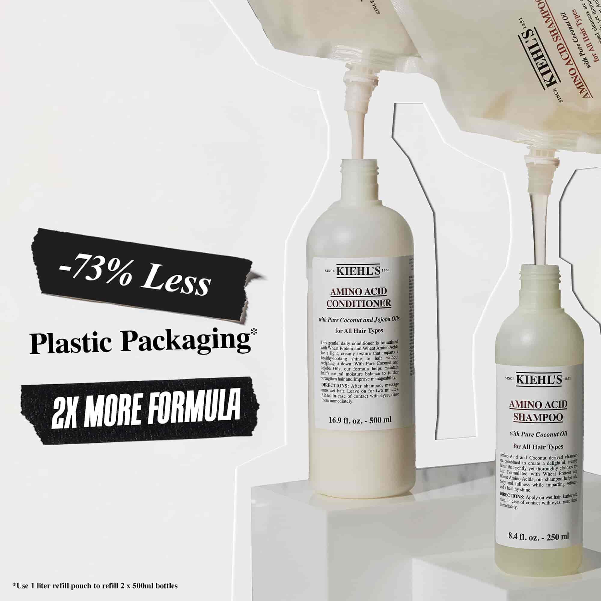 Cu 73% mai puține ambalaje din plastic și de două ori mai multă formulă cu plicul de reumplere Kiehl's Amino Acid Conditioner