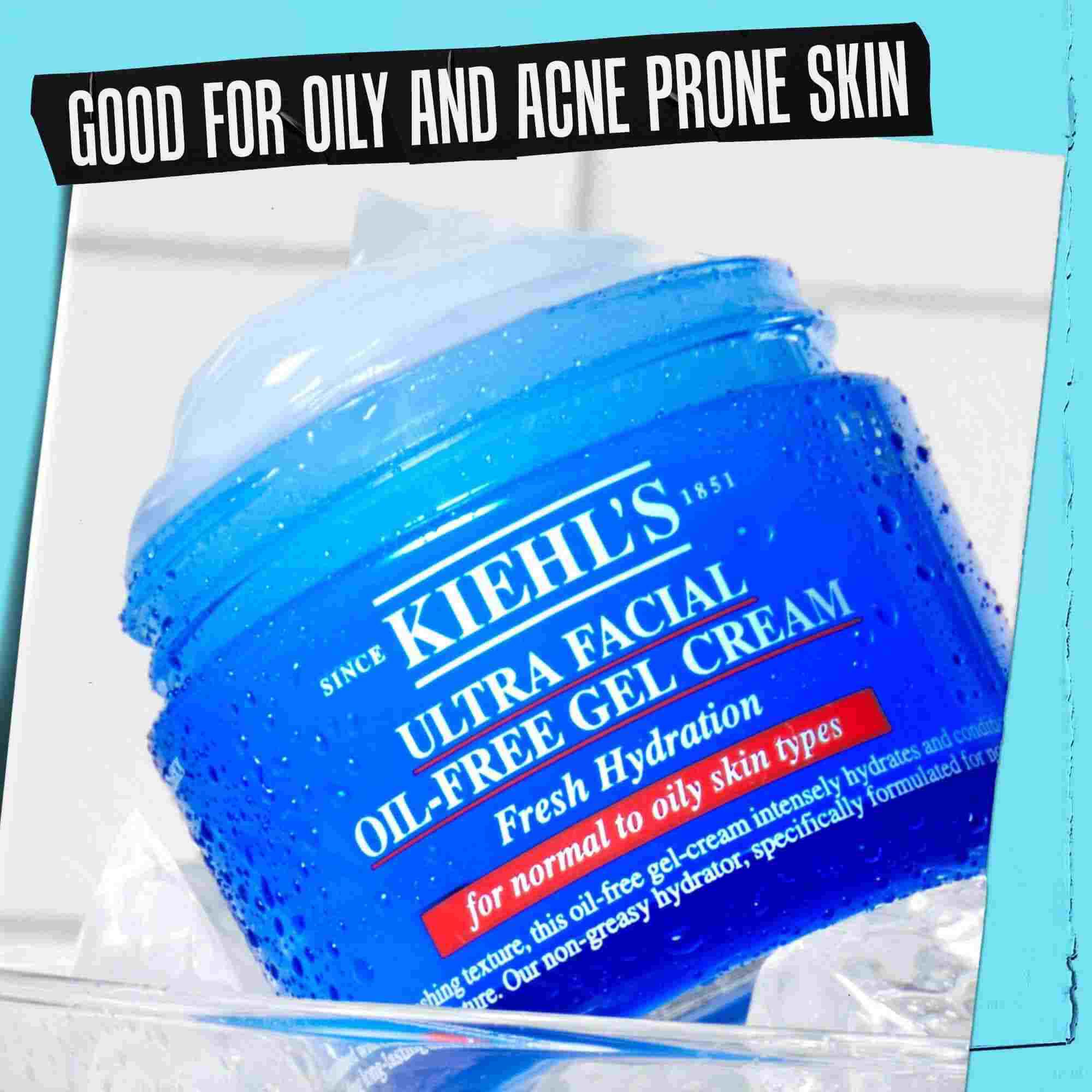 Un borcan de Ultra Facial Oil-Free Gel Cream etichetat „Bun pentru tenul gras și predispus la acnee.”