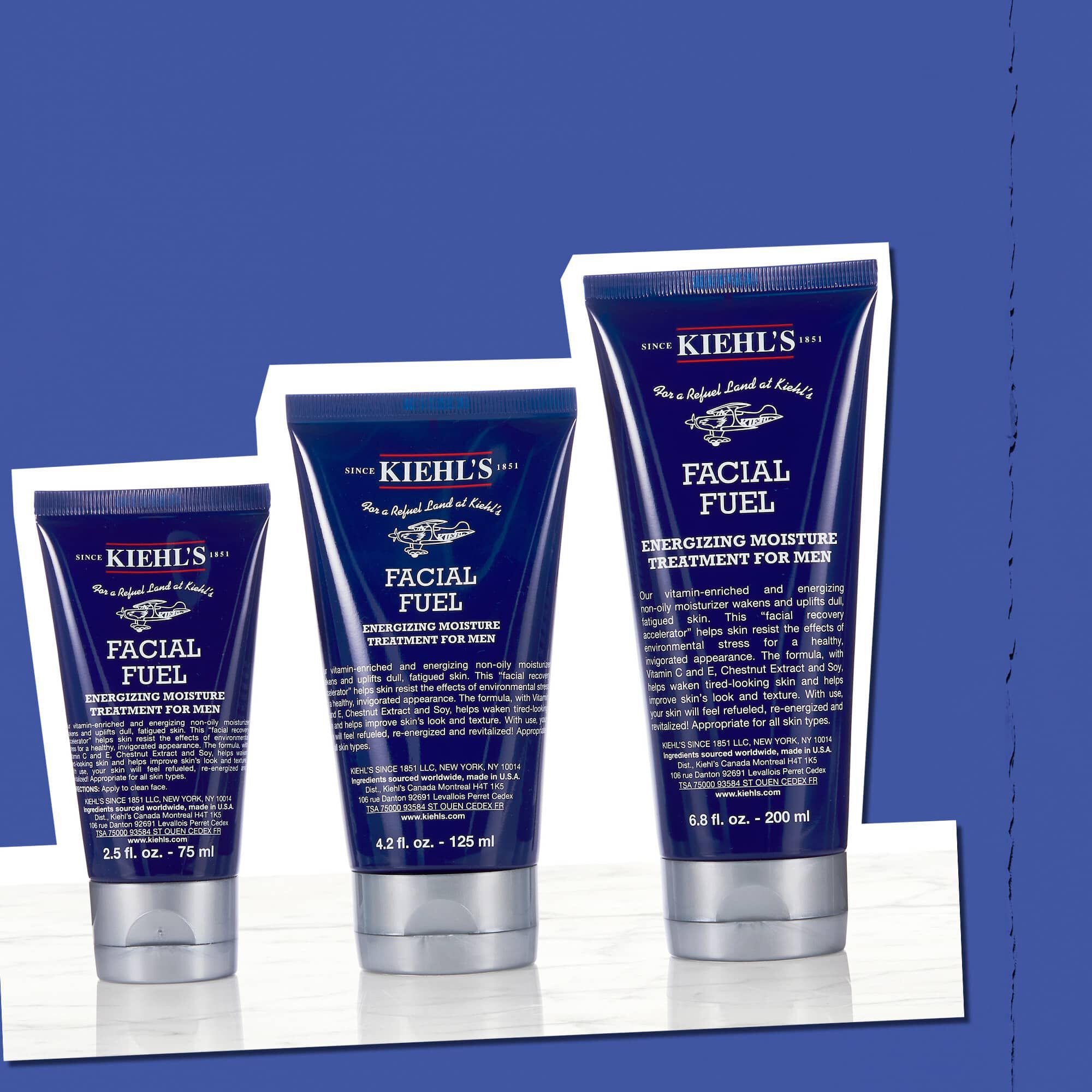 Trei flacoane de Facial Fuel Energizing Moisture Treatment pentru bărbați care ilustrează dimensiunile disponibile