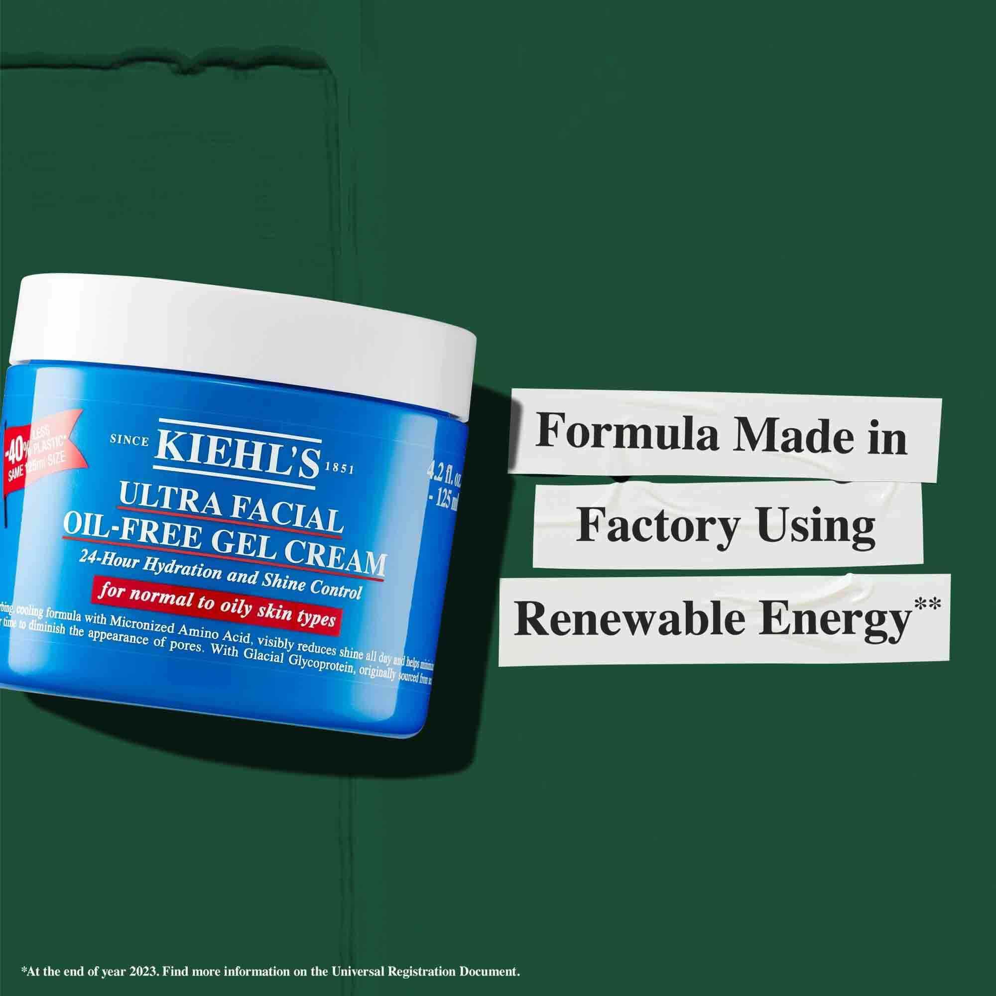 Un borcan de Ultra Facial Oil-Free Gel Cream cu textul „Formulă produsă intr-o fabrică ce utilizează energie regenerabilă.”