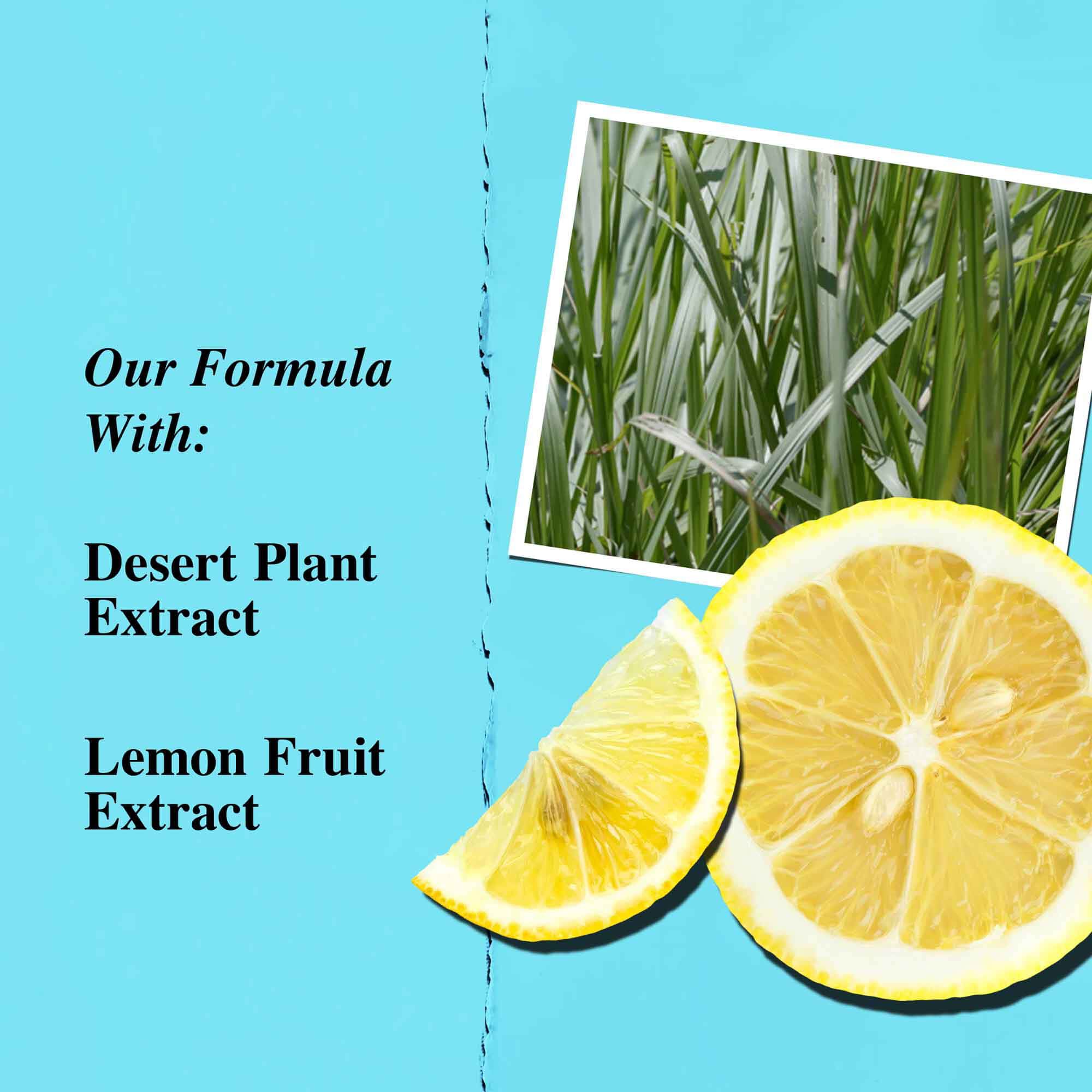 Grafică a ingredientelor cheie: extract de plantă de deșert și extract de lămaie.