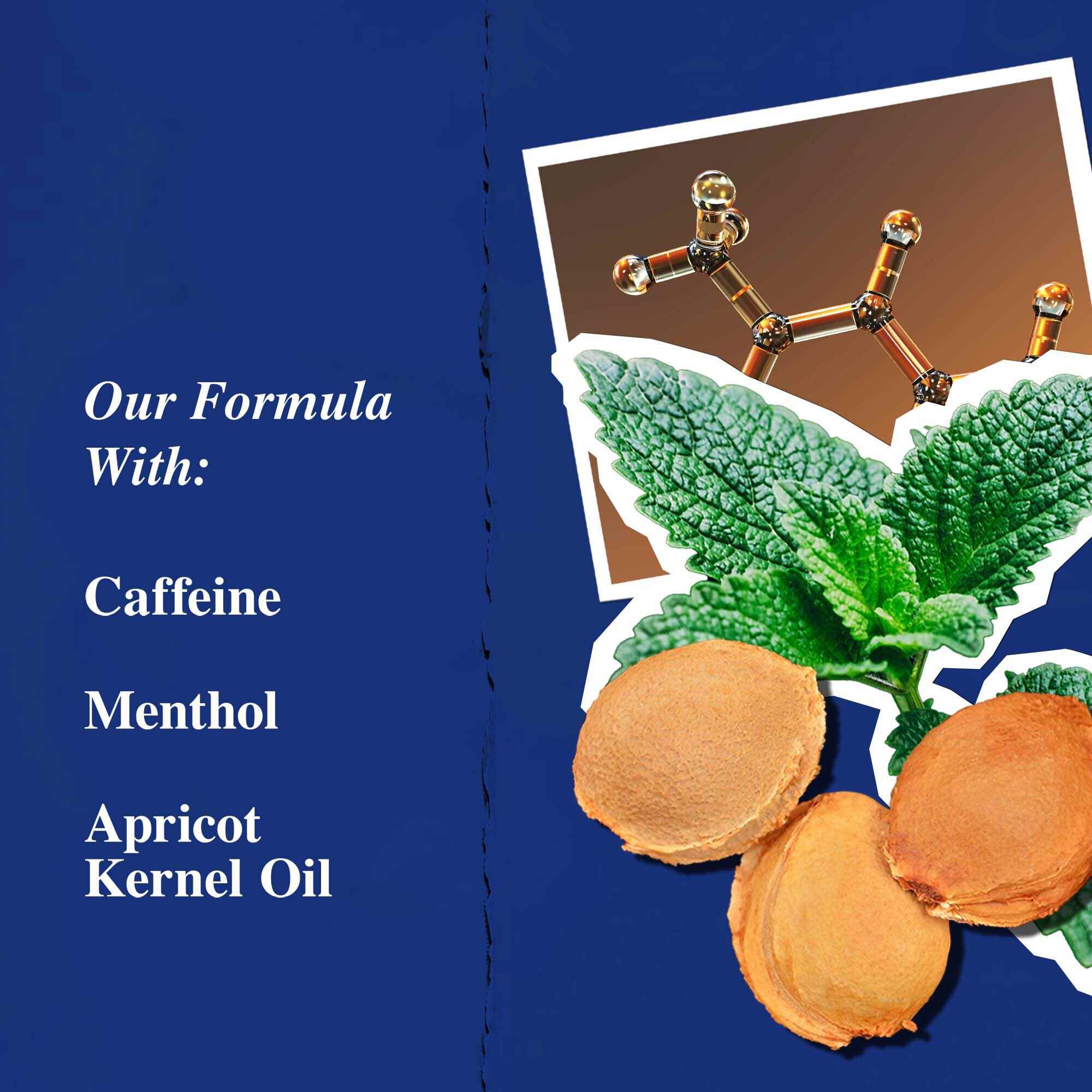 Grafică a ingredientelor cheie: cofeină, mentol și ulei de samburi de caise.