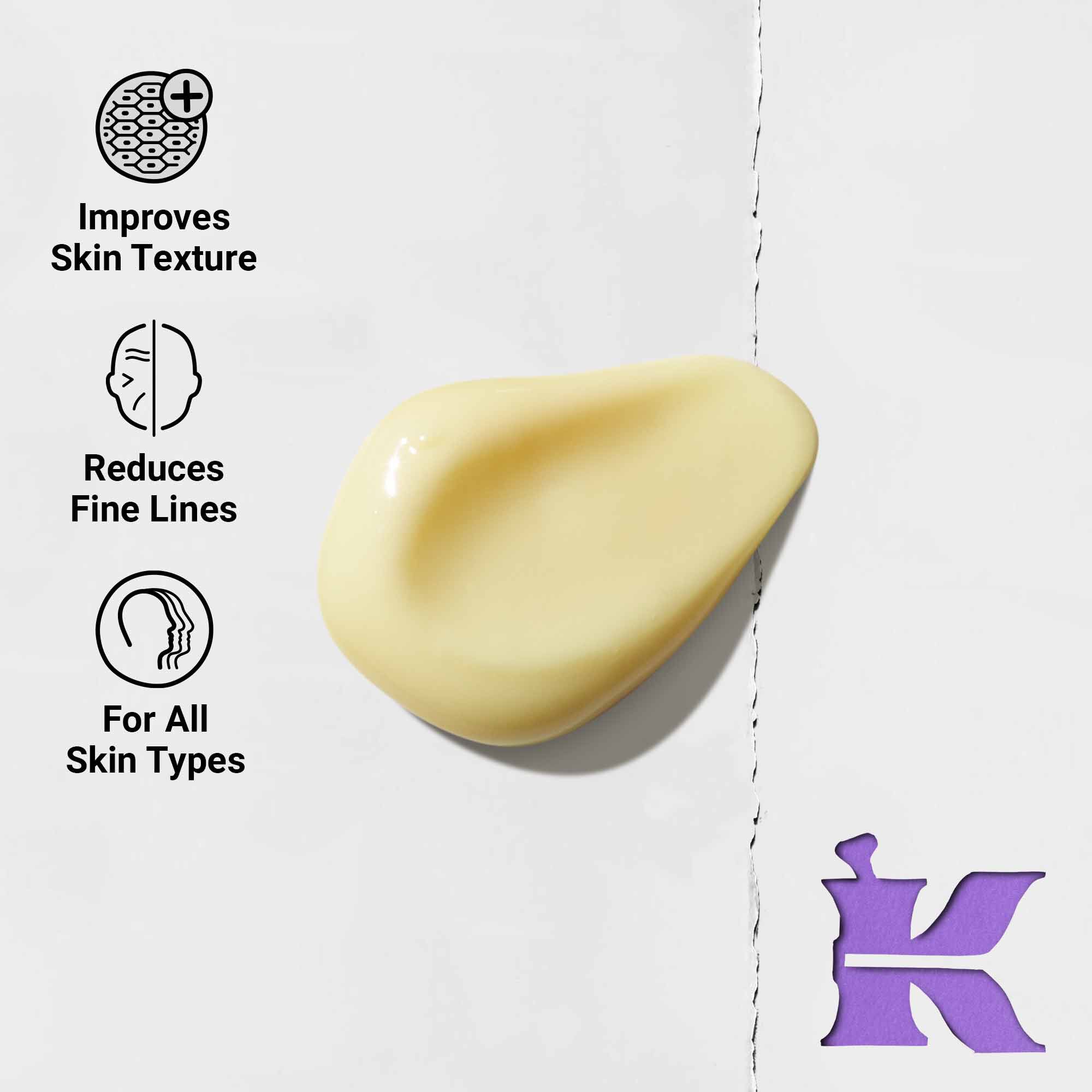 Fotografie cu textura și pictograme: reduce liniile fine și este formulat pentru toate tipurile de ten