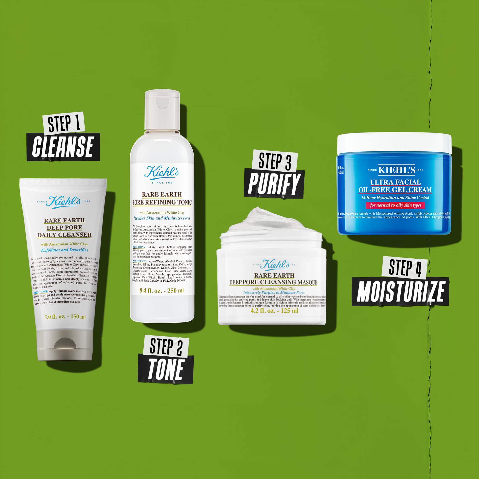 Patru produse Kiehl's reprezentand o rutină de ingrijire a pielii. De la stanga la dreapta: Rare Earth Deep Pore Cleanser, Rare Earth Pore Minimizing Lotion, Rare Earth Pore Cleansing Masque și Ultra Facial Oil-Free Gel Cream.