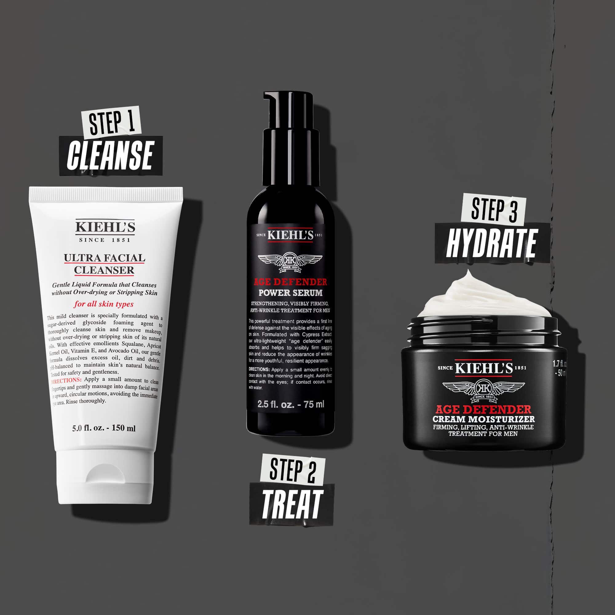 Rutină Age Defender in trei pași: Pasul 1: Tratament ochi. Pasul 2: Serum hidratant. Pasul 3: Cremă restauratoare.