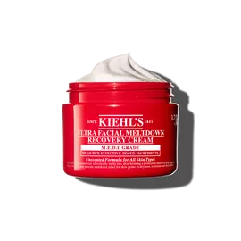 Borcan roșu de Kiehl’s Ultra Facial Meltdown Recovery Cream Whip, cu o textură de cremă aerată.