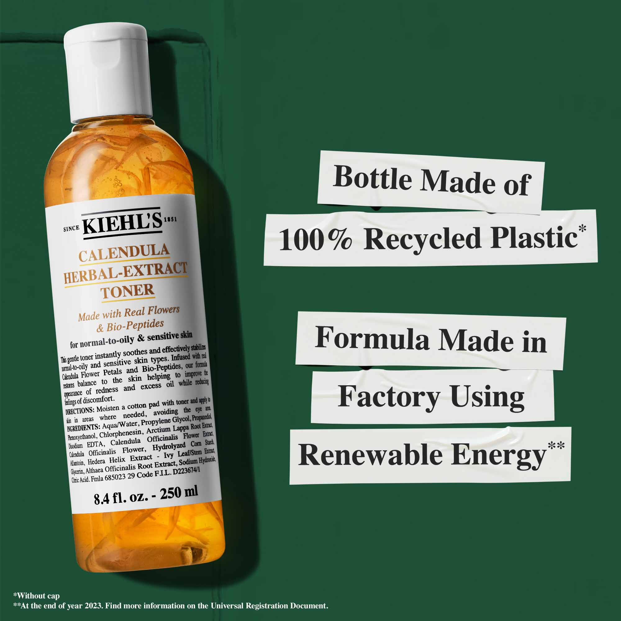 O sticlă de toner Calendula Herbal-Extract cu text ce evidențiază caracteristicile de sustenabilitate: „Sticlă fabricată din 100% plastic reciclat” și „Formulă fabricată in fabrică folosind energie regenerabilă.”