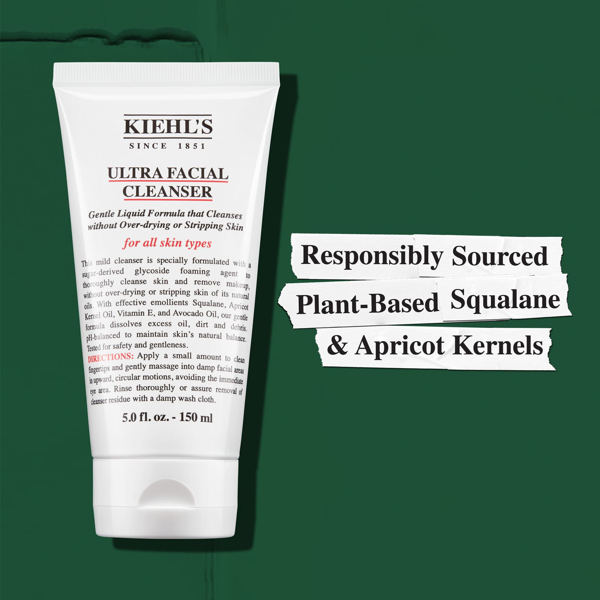 Kiehl's Ultra Facial Cleanser folosește squalane vegetal și samburi de caise provenite din surse sustenabile