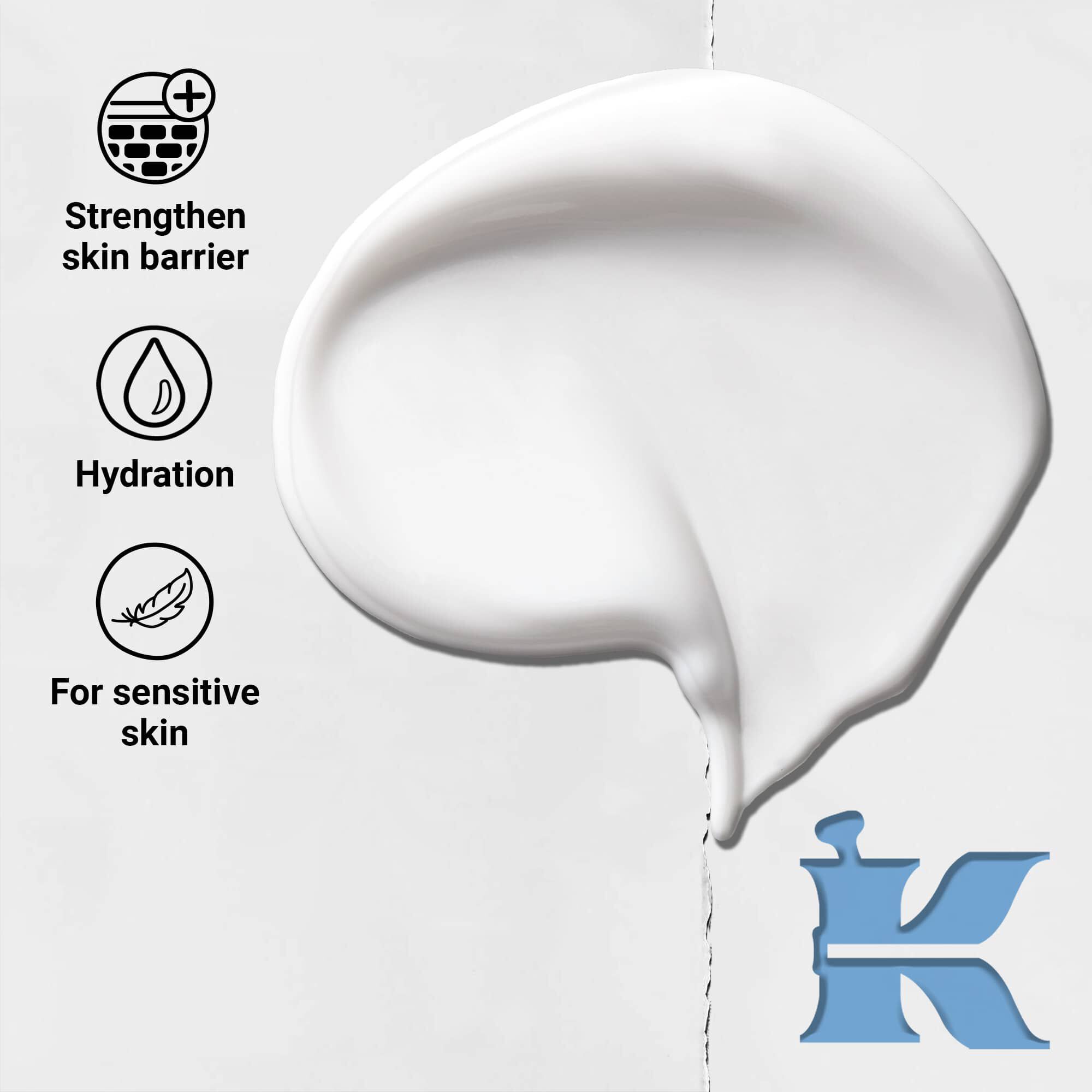 Fotografie cu textura și pictogramele Ultra Facial Moisturizer: fortifică bariera cutanată, hidratare, piele sensibilă