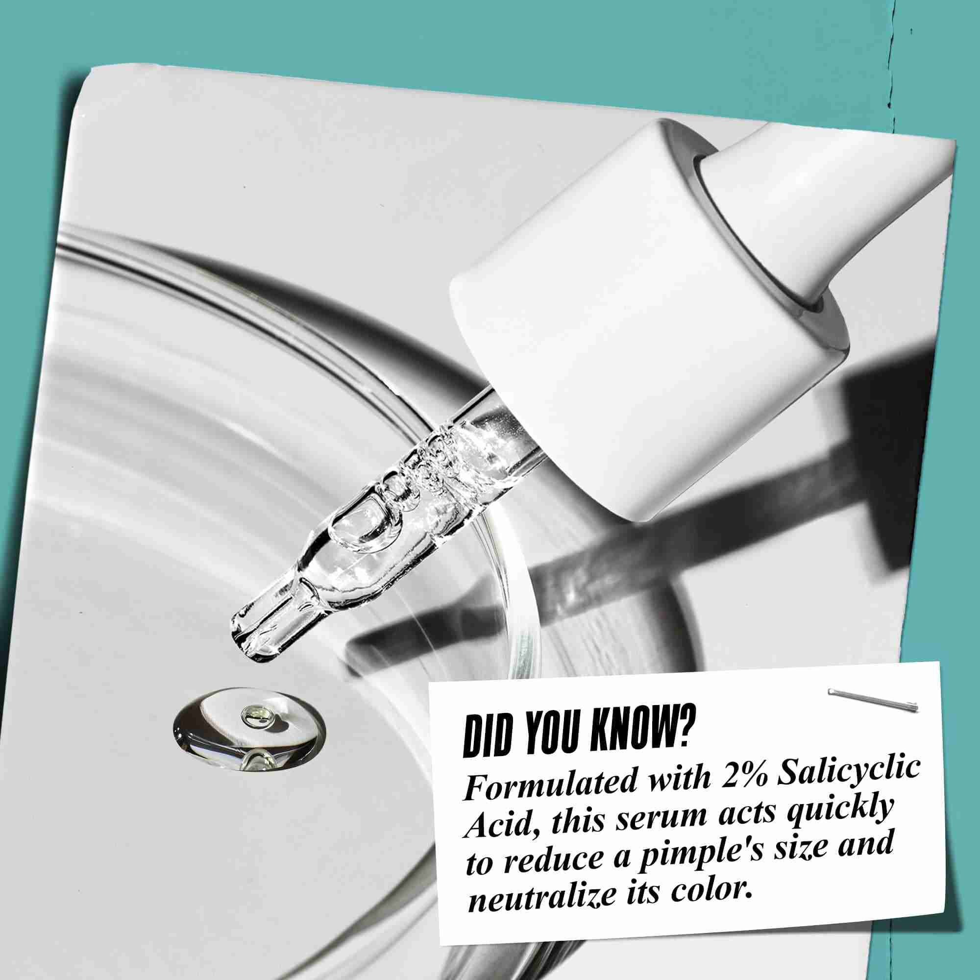 O pipetă dozand Truly-Targeted Blemish-Clearing Solution intr-un vas de sticlă cu textul: "Știați că? Formulat cu 2% acid salicilic pentru a reduce dimensiunea coșurilor și a neutraliza culoarea acestora."