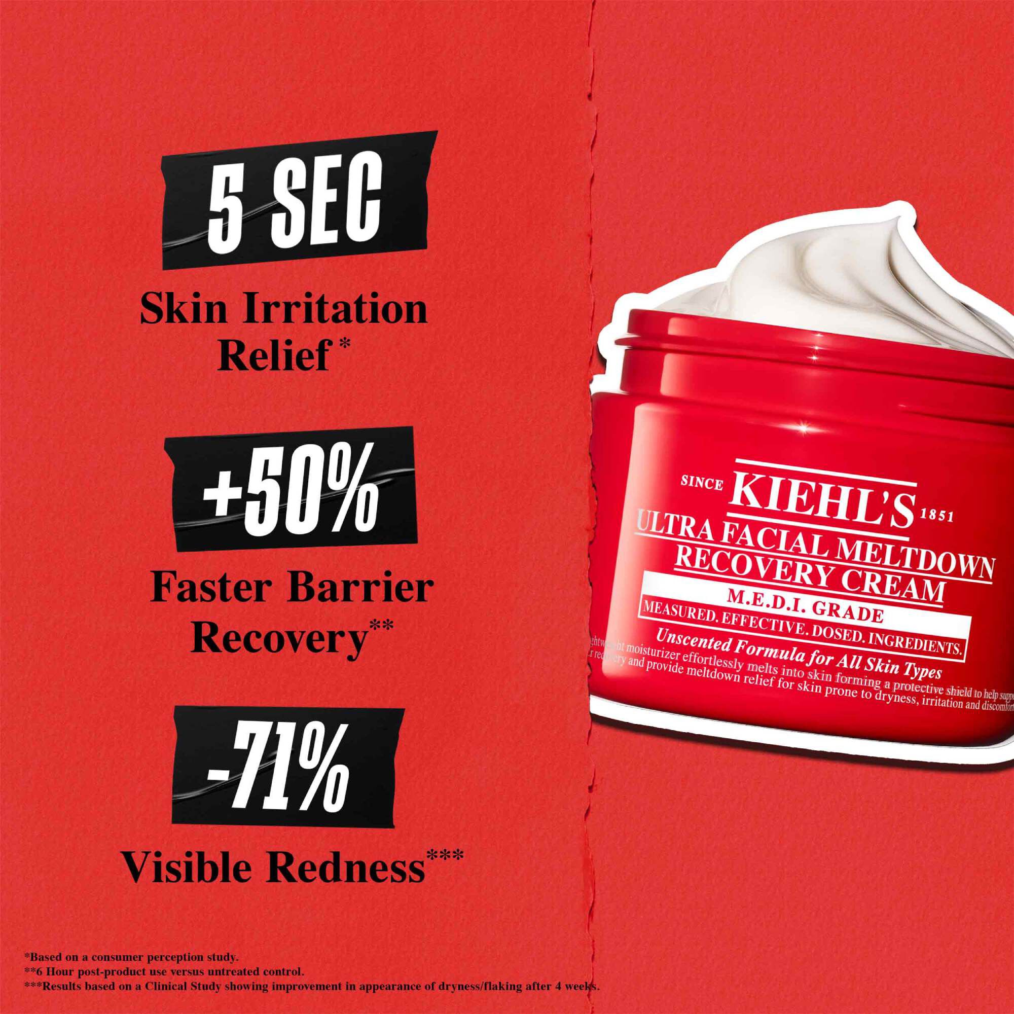 Fundal roșu cu un borcan de cremă. Textul spune: Ameliorarea iritației cutanate in 5 secunde, repararea barierei cu 50% mai rapidă și -71% roșeață vizibilă.