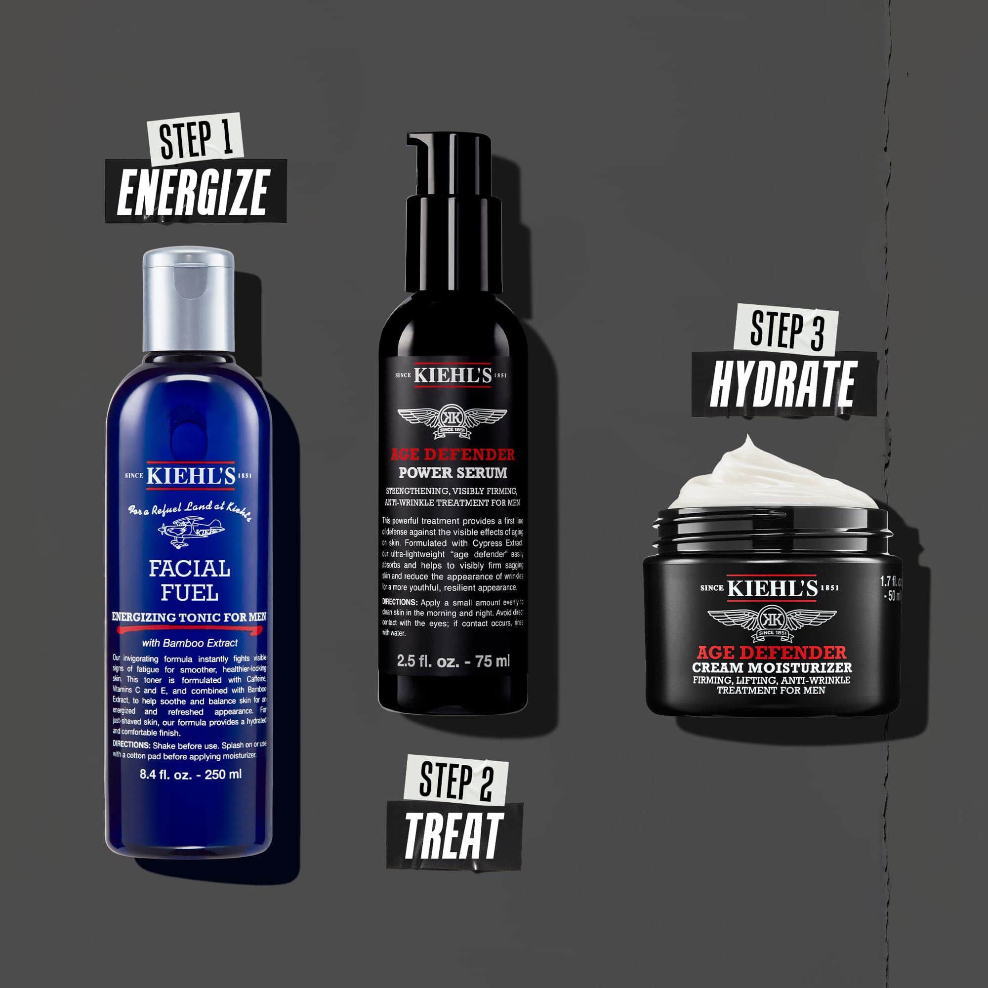 Rutină Age Defender in trei pași: Pasul 1: Tratament ochi. Pasul 2: Serum hidratant. Pasul 3: Cremă restauratoare.