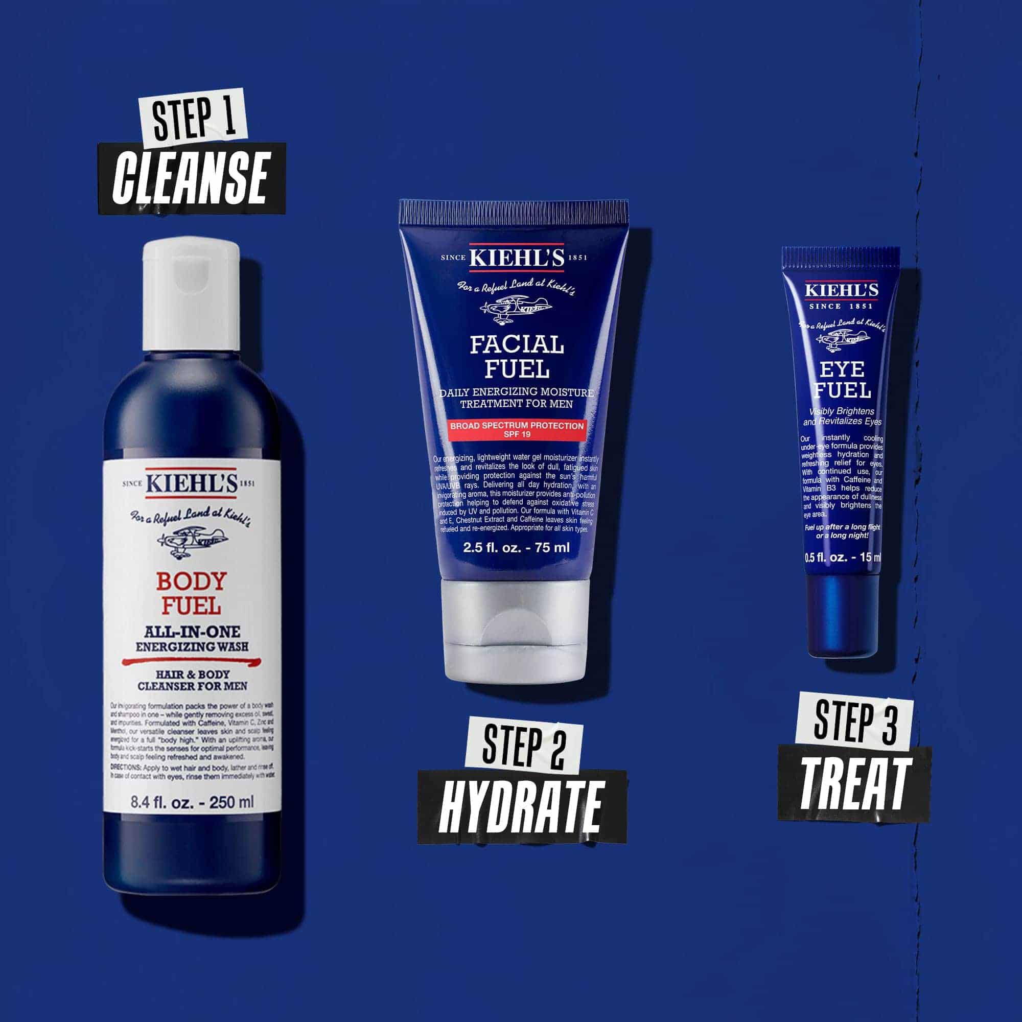Rutină Body Fuel in trei pași: Pasul 1: Spălare. Pasul 2: Hidratare cu Facial Fuel Treatment. Pasul 3: Cremă de ochi Facial Fuel Eye Fuel.