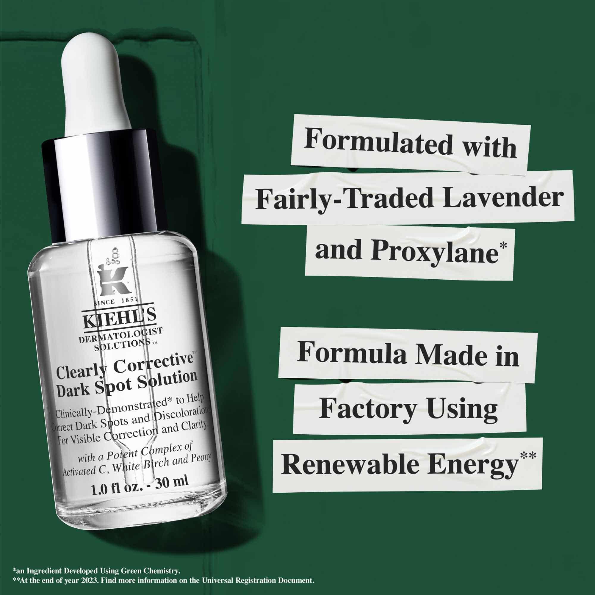 Sticlă de Clearly Corrective Dark Spot Solution cu mențiuni de sustenabilitate privind energia regenerabilă și sticla reciclată.