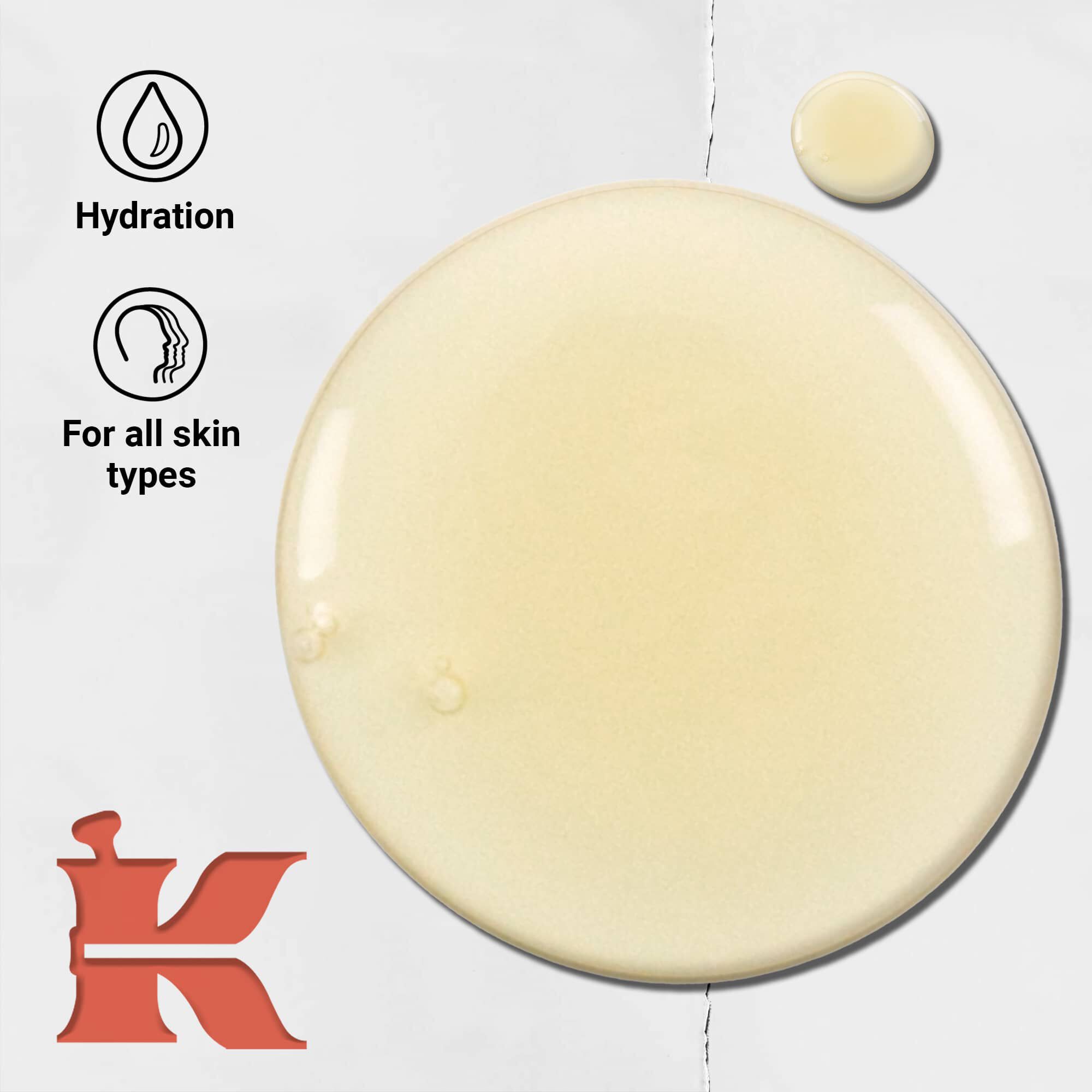 Fotografie cu textura gelului de curățare lichid pentru corp cu grepfrut și pictograme care indică hidratarea și faptul că este pentru toate tipurile de ten