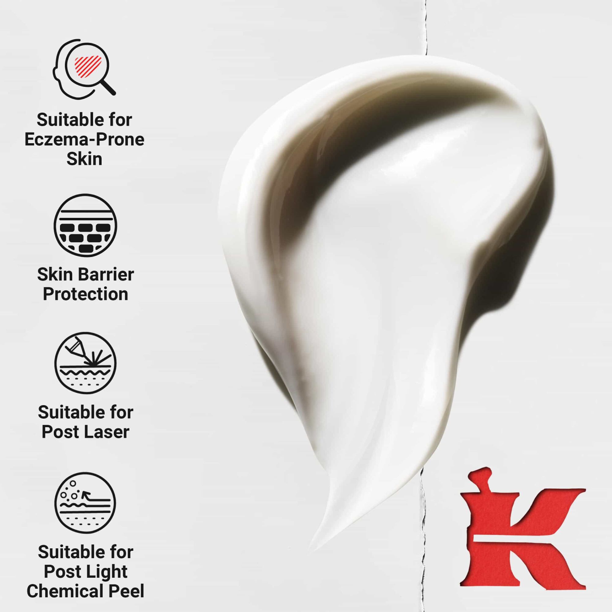 Vartej dinamic de cremă densă; pictogramele evidențiază beneficiile: potrivit pentru pielea predispusă la eczeme, protecția barierei cutante, post-laser și post-peeling chimic ușor.