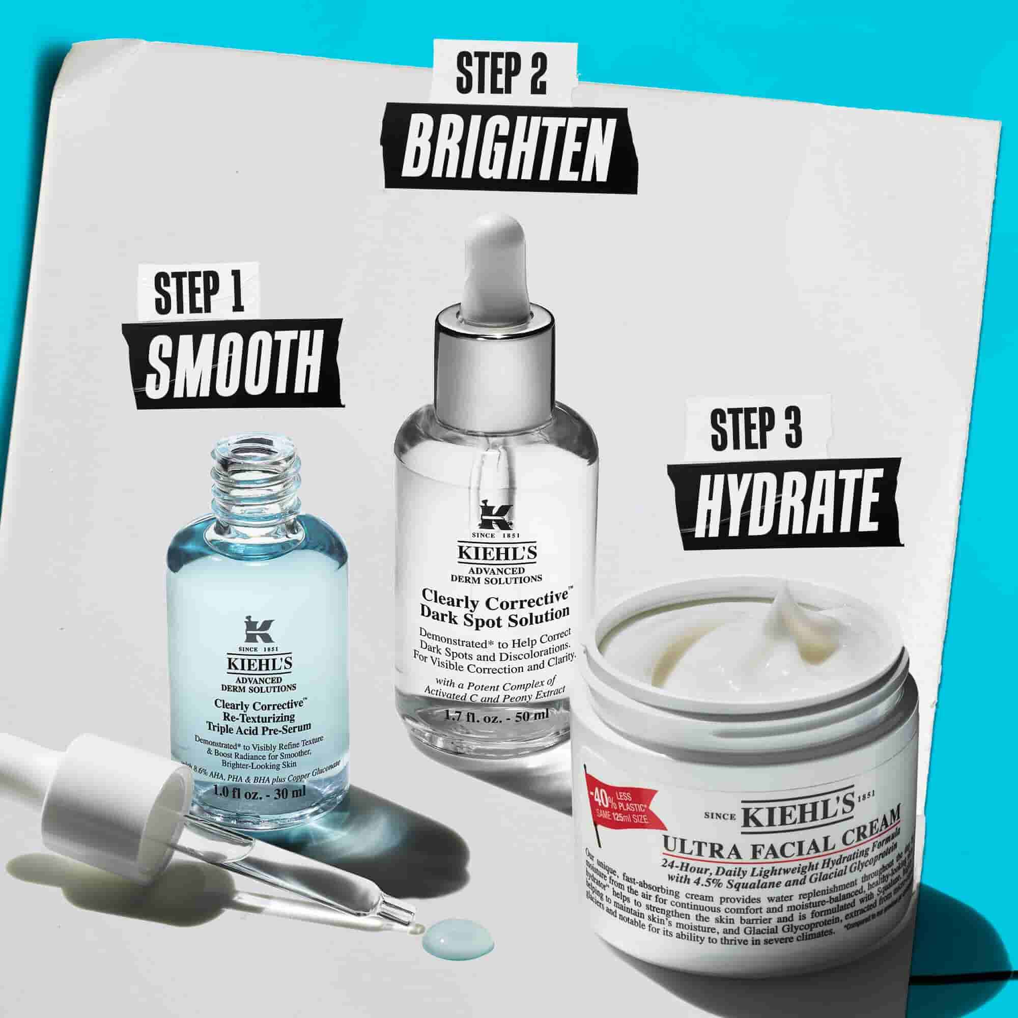 Două produse Kiehl's pe o suprafață albă cu fundal albastru: Clearly Corrective Triple Acid Peel și Retinol Skin-Renewing Daily Micro-Dose Serum.