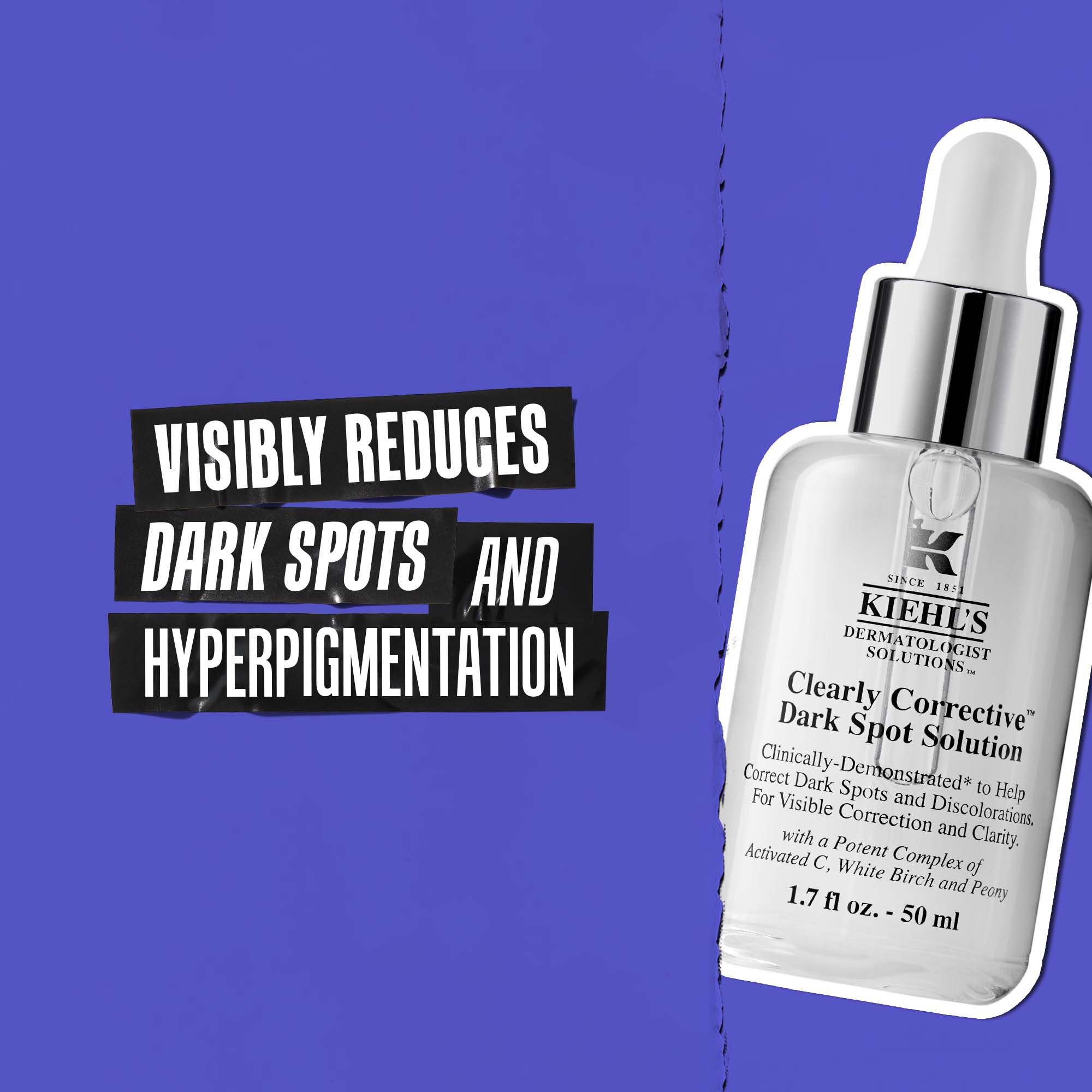 Sticlă de Clearly Corrective Dark Spot Solution cu text: Reduce vizibil petele intunecate și hiperpigmentarea.