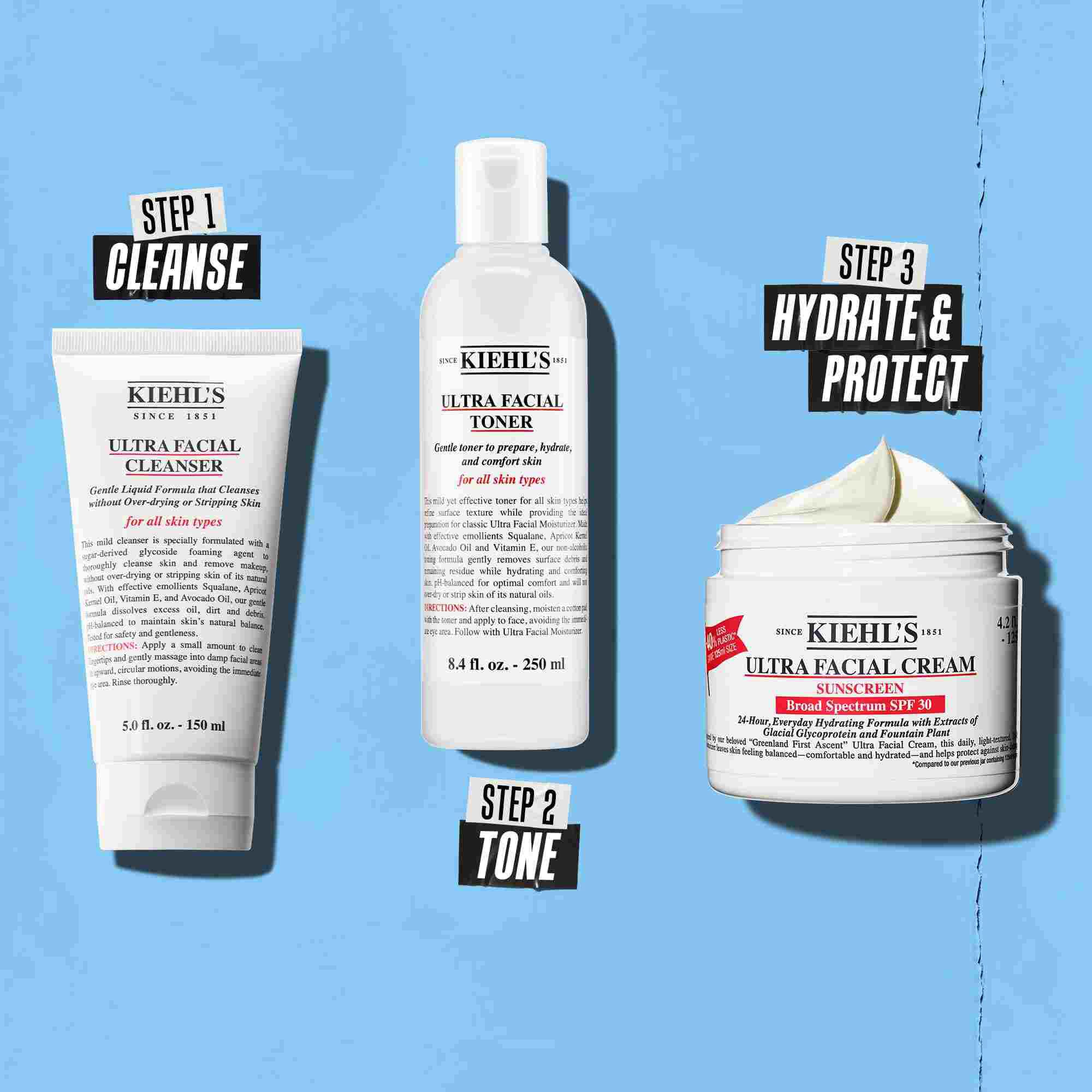 O rutină in trei pași cu produse Kiehl's. Pasul 1: Ultra Facial Cleanser. Pasul 2: Ultra Facial Toner. Pasul 3: Ultra Facial Cream SPF 30.