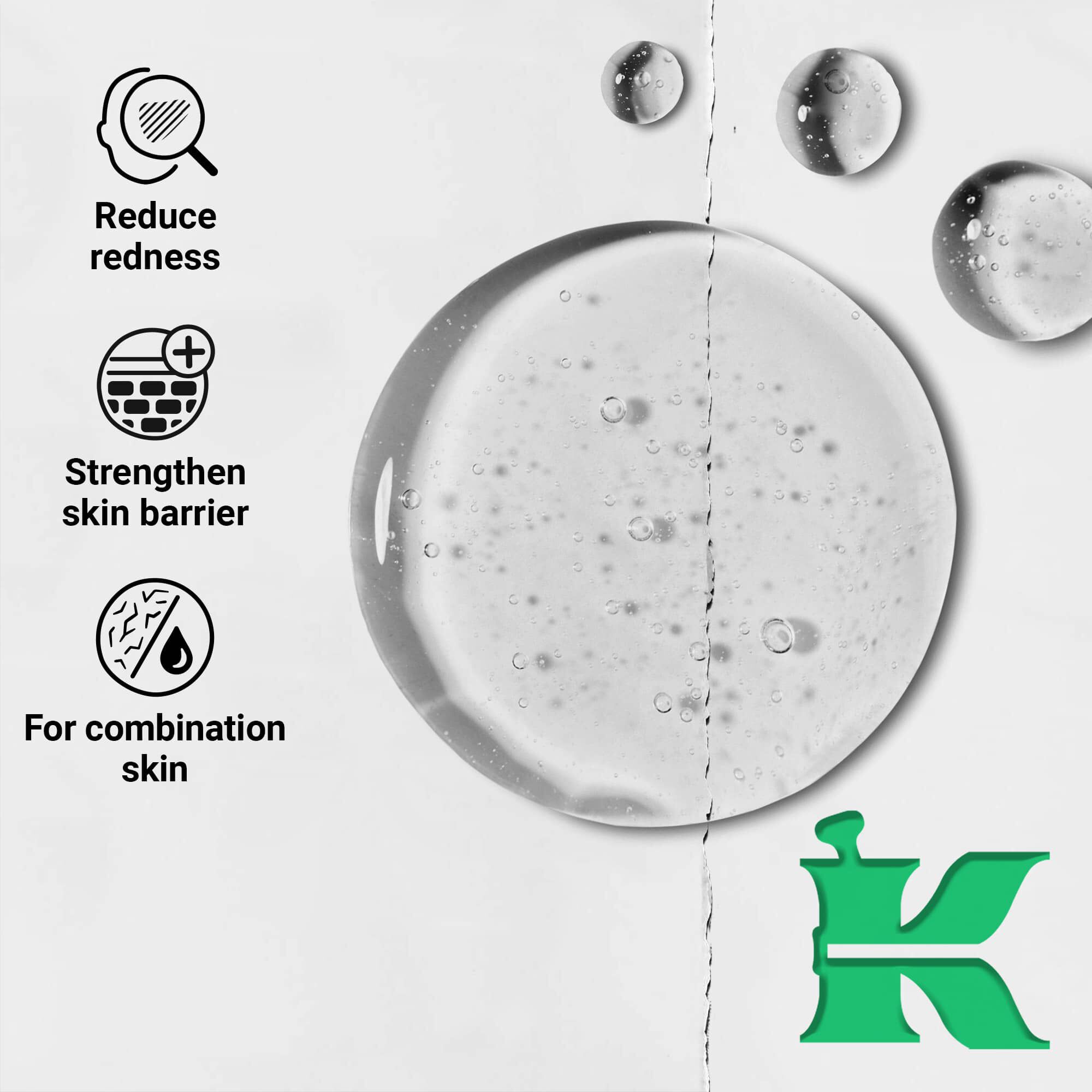 Fotografie cu textura și pictograme: reduce roșeața, fortifică bariera cutanată, pentru ten mixt