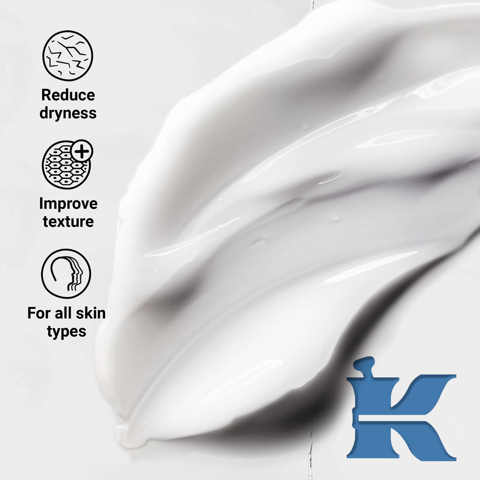 Fotografie cu textura produsului care indică faptul că reduce uscăciunea, imbunătățește textura și este pentru toate tipurile de ten