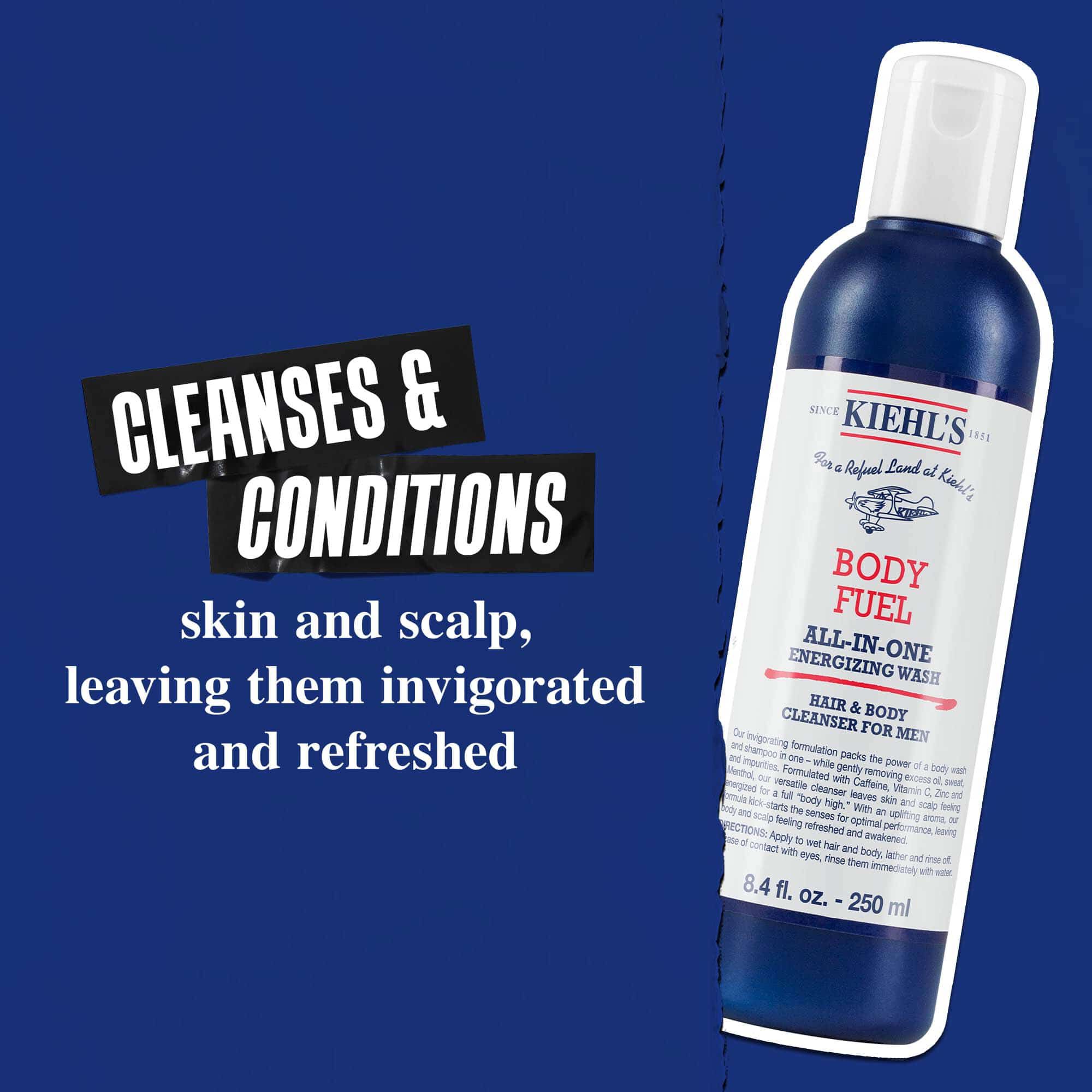 Body Fuel All-In-One Energizing Wash: Curăță și ingrijește pielea, părul și scalpul, lăsandu-le revigorate și improspătate.