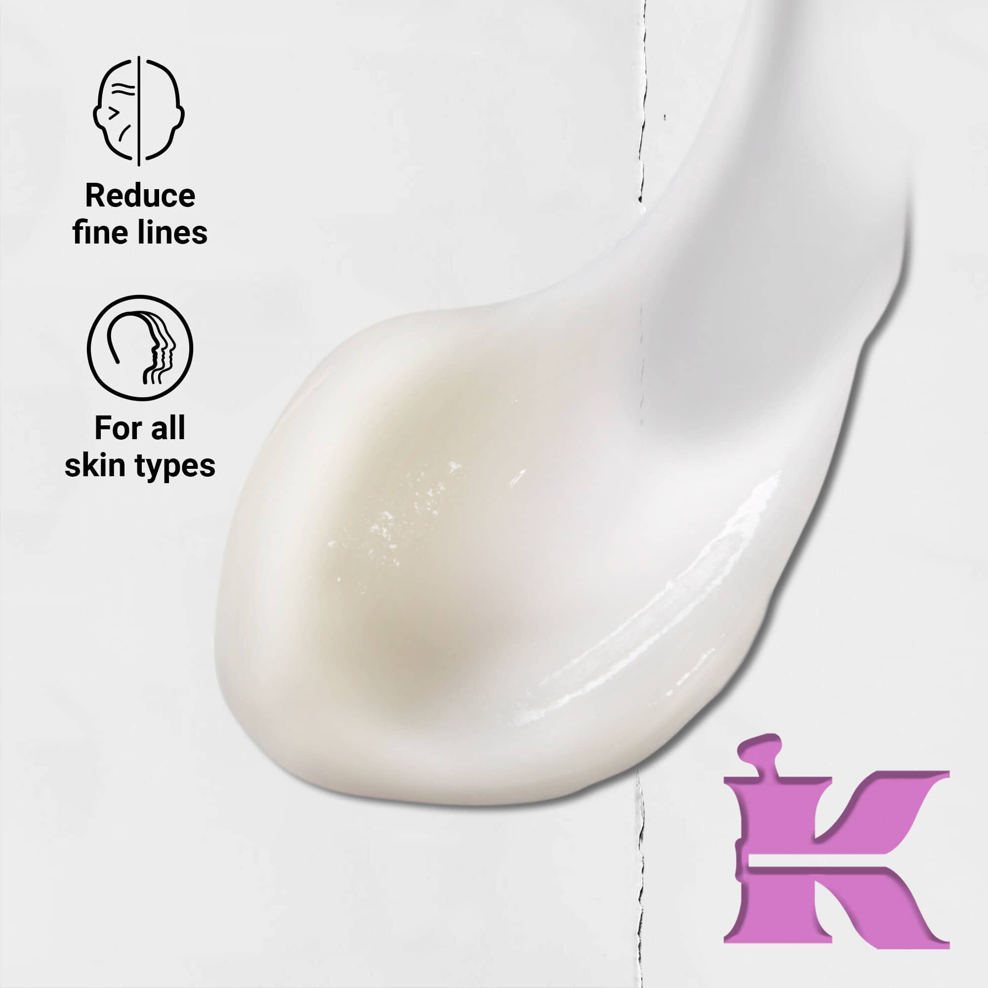 Fotografie cu textura și pictograme: reduce liniile fine și este formulat pentru toate tipurile de ten